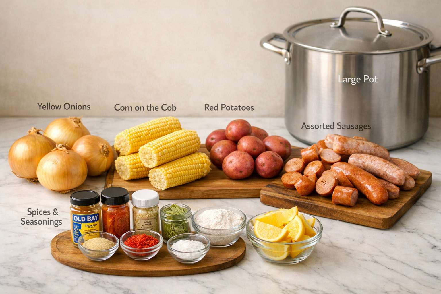 Landscape image (1536x1024) displaying collection of essential onion boil ingredients arranged in organized groups on marble countertop - fr