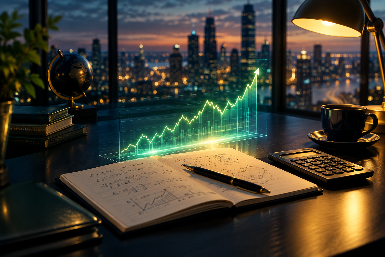 Editorial finance , landscape : a sleek dark navy trading desk at dusk with warm golden desk lamp light, a translucent