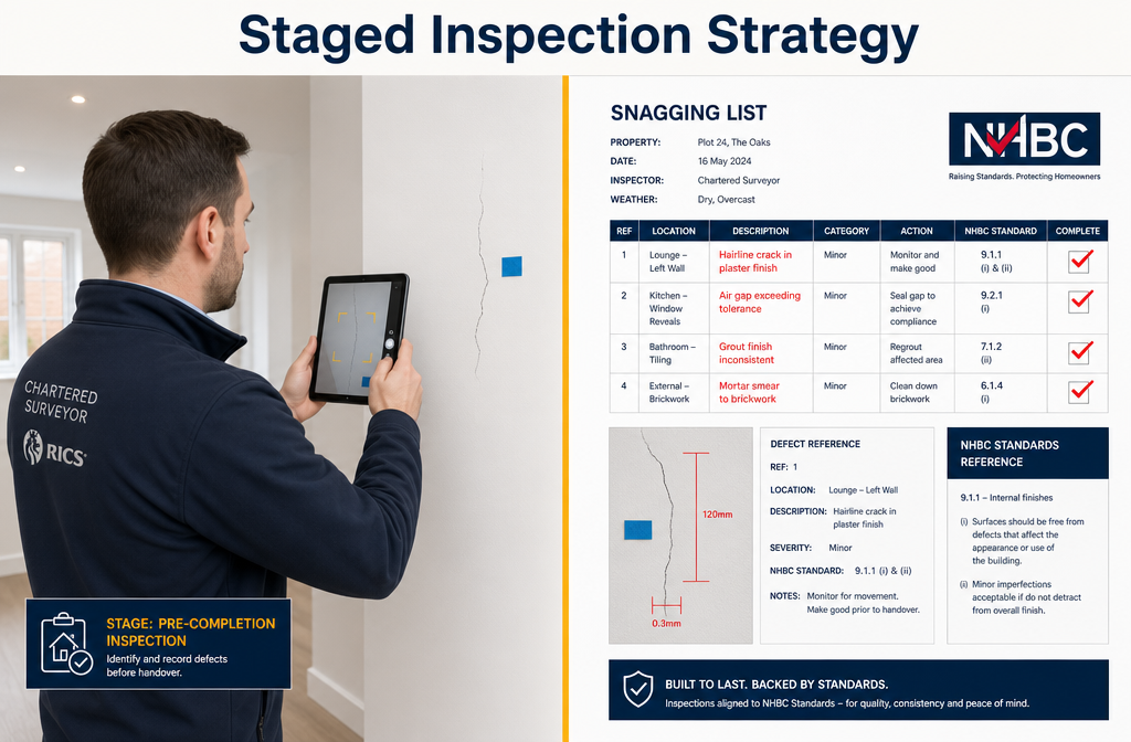 Detailed () showing a split-scene infographic: left side depicts a chartered surveyor in professional attire using a tablet