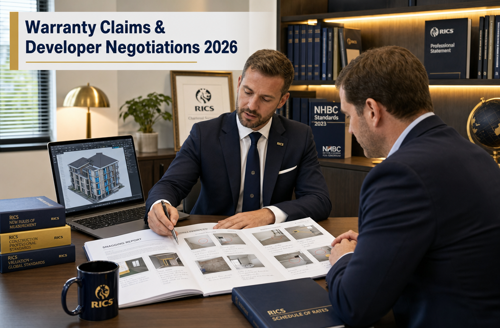 Detailed () showing a professional meeting scene: a chartered surveyor seated at a desk with a developer representative,