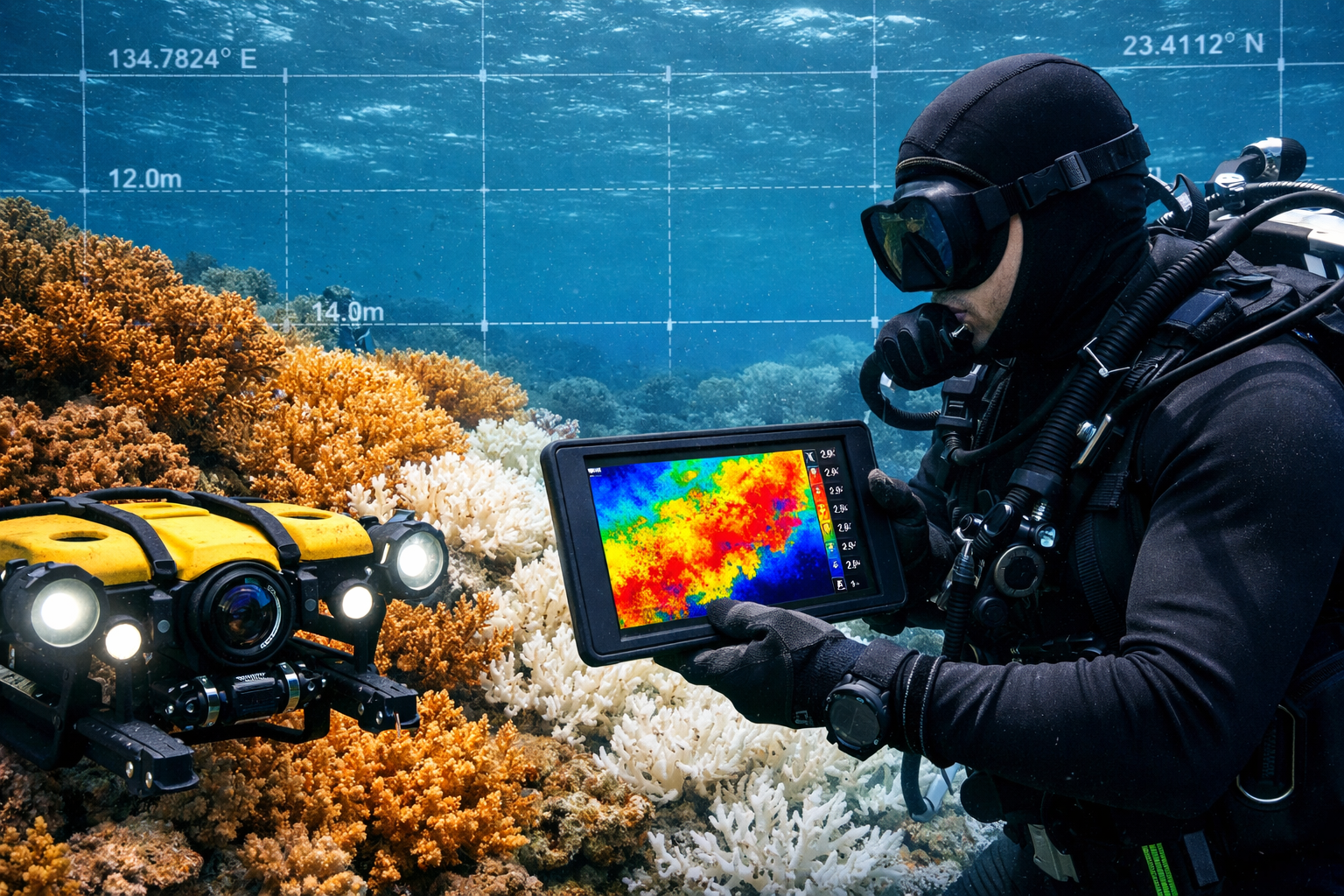 Detailed () image showing marine biologist in scuba gear holding underwater tablet device with thermal imaging display of