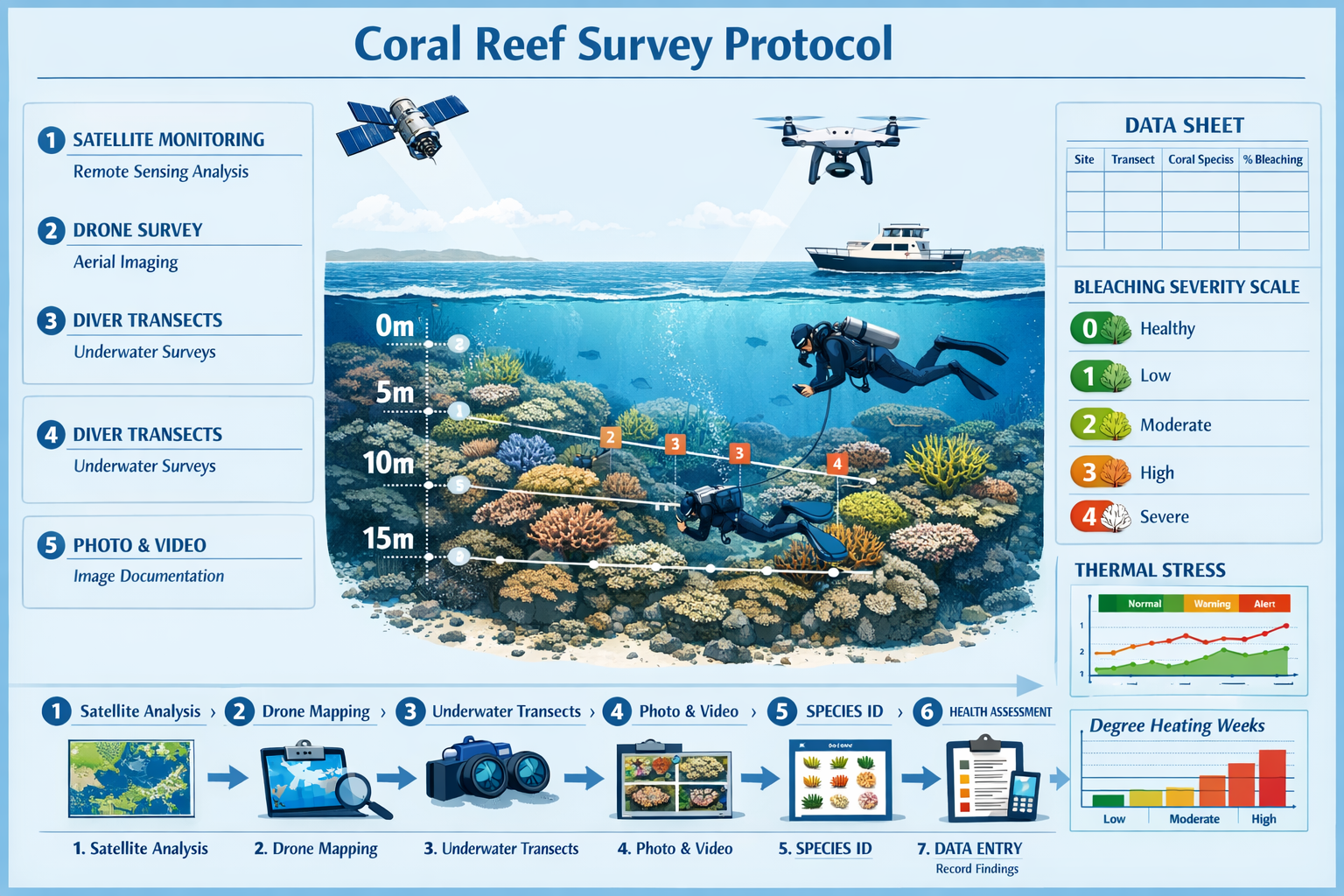 () technical infographic displaying comprehensive coral reef survey protocol workflow diagram with numbered steps 1-8,