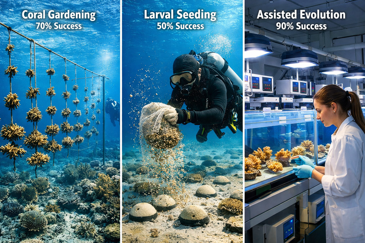 () image showing comparison of three coral restoration techniques in action: left panel displays coral gardening with