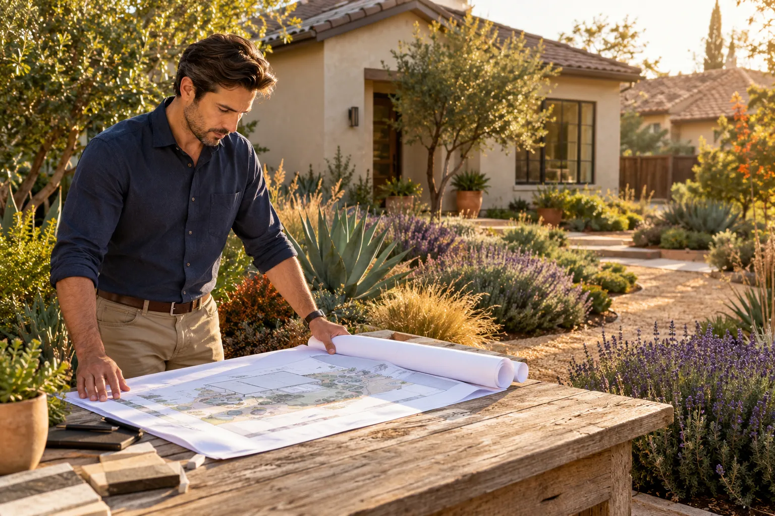 Editorial () cover image, no . A sun-drenched San Jose residential backyard transformation scene: a professional landscape