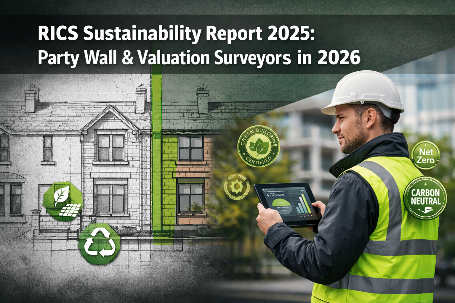 Professional () hero image with 'RICS Sustainability Report 2025: Party Wall & Valuation Surveyors in 2026' in extra large
