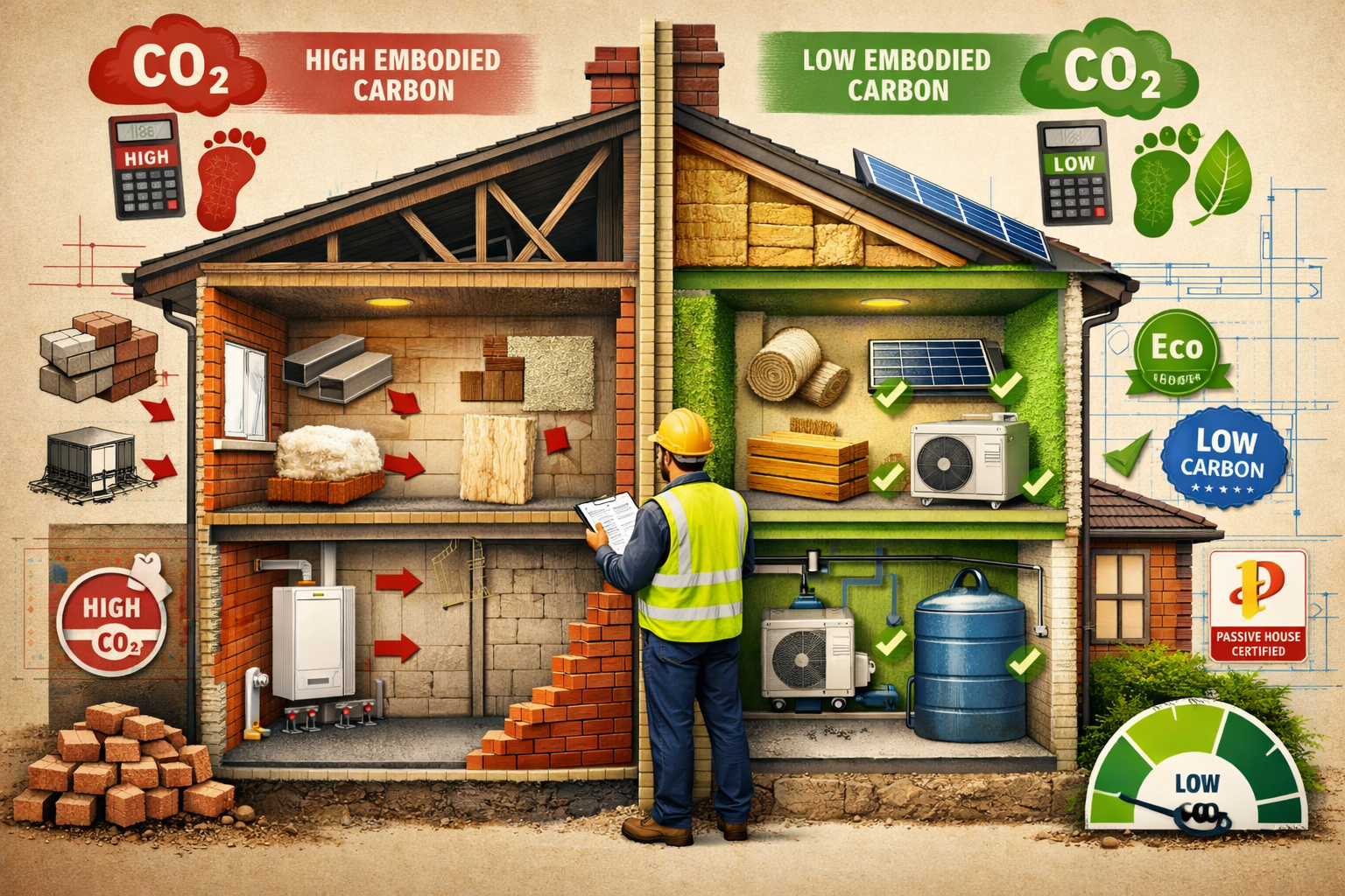 () conceptual illustration showing cross-section view of two adjoining terraced properties with shared party wall in center.