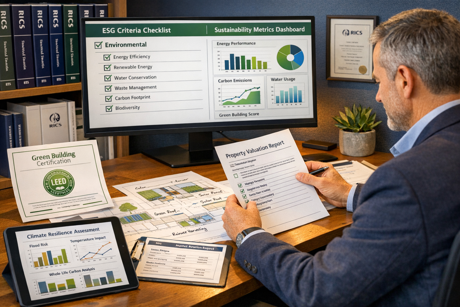 () modern office scene showing professional valuation surveyor at desk reviewing property assessment documents with visible