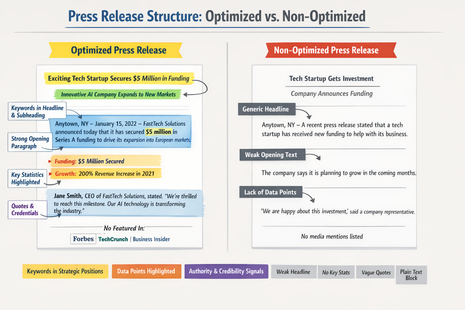 side-by-side comparison visual of optimized vs non-optimized press release structure with highlighted elements: keywords in strategic positi