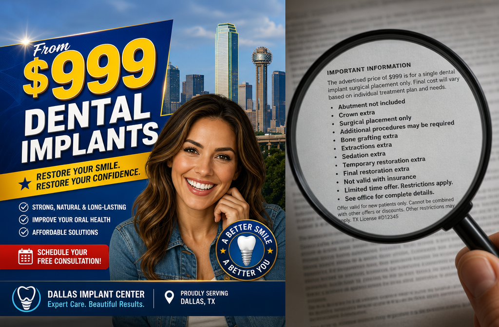 Detailed () image depicting a split screen. On one side, a large, enticing 'From $999 Dental Implants' ad with fonts and a