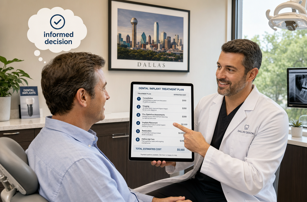 Detailed () image illustrating a patient engaged in a transparent consultation with a dentist. The patient is looking at a