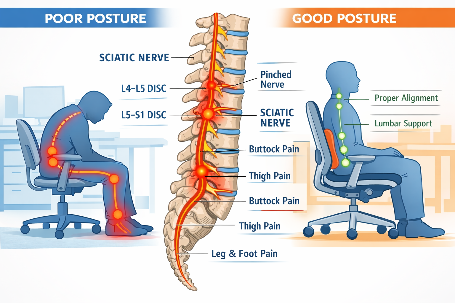 Digital illustration, graphic design style, Detailed landscape format (1536x1024) infographic-style illustration showing a side-profile anatomical diagram of the human spine and sciatic nerve pathway highlighted in orange-red, overlaid on a split-scene background: left side shows a person slouching in a generic office chair with red pain indicators along the lower back and leg; right side shows the same person sitting upright in a modern ergonomic chair with green alignment indicators. Clean medical illustration style, labeled key pressure points, white background with blue and orange accents, professional health and ergonomics theme.
