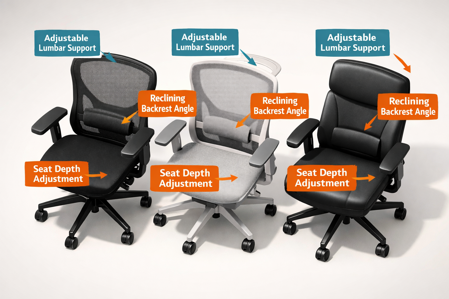 Digital illustration, graphic design style, Detailed landscape format (1536x1024) product comparison flat-lay photograph showing three distinct ergonomic office chairs side by side on a clean white studio surface, each labeled with key features: adjustable lumbar support, seat depth adjustment, reclining backrest angle. Overhead angled perspective, warm studio lighting, feature callout arrows in bold sans-serif text, color-coded feature badges in teal and orange, clean product photography aesthetic with subtle shadow, professional ergonomic chair review visual style.