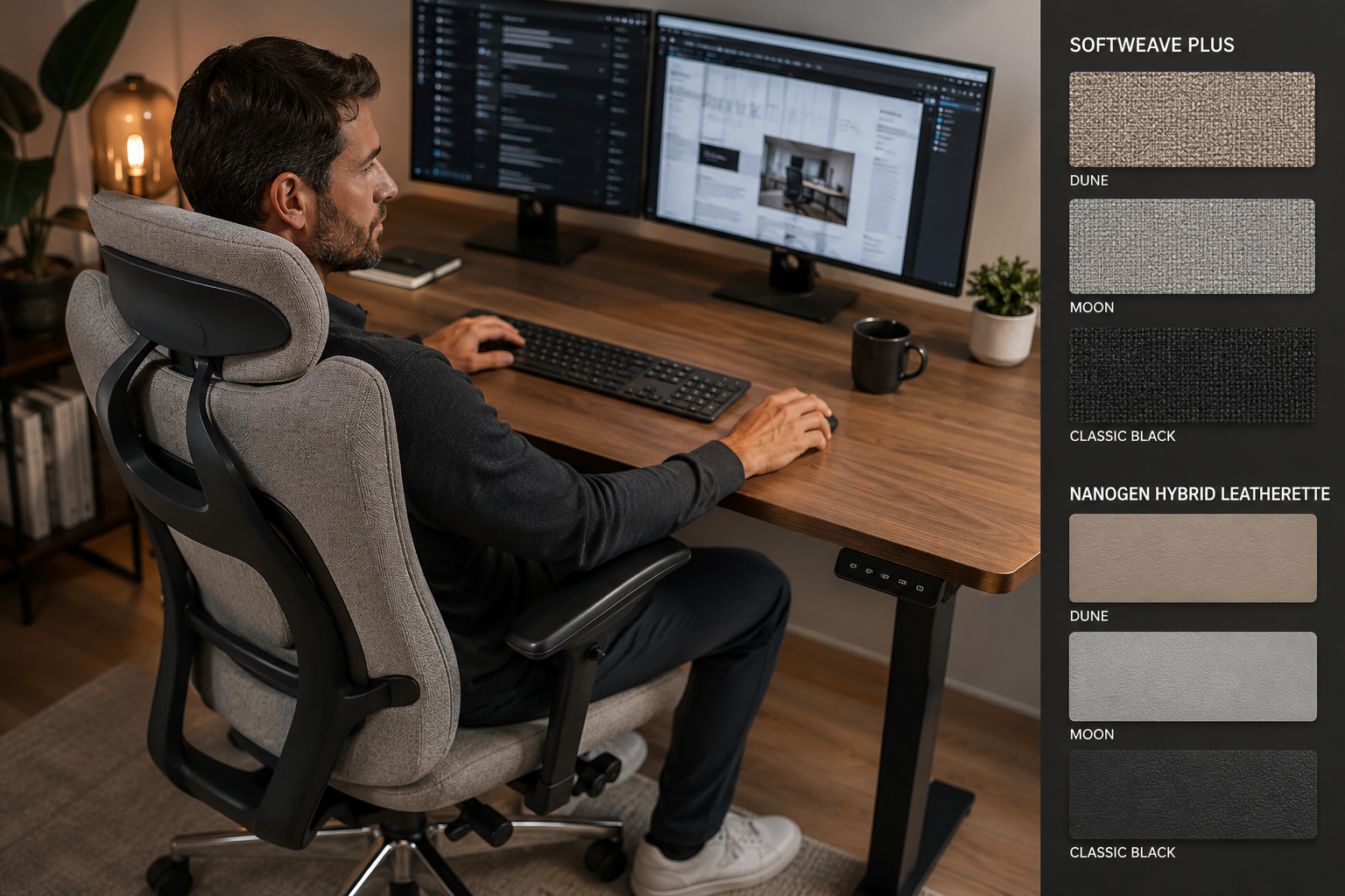 Landscape format (1536x1024) close-up editorial photograph of a professional seated comfortably in a high-back ergonomic hybrid office chair at a modern standing desk, viewed from a slight overhead angle. The scene shows a productive home office setup with dual monitors, soft ambient lighting, and neutral decor. Inset comparison panel on the right side shows fabric swatches labeled SoftWeave Plus and NanoGen Hybrid Leatherette with color chips for Dune, Moon, and Classic Black options. Sharp detail, editorial quality. 