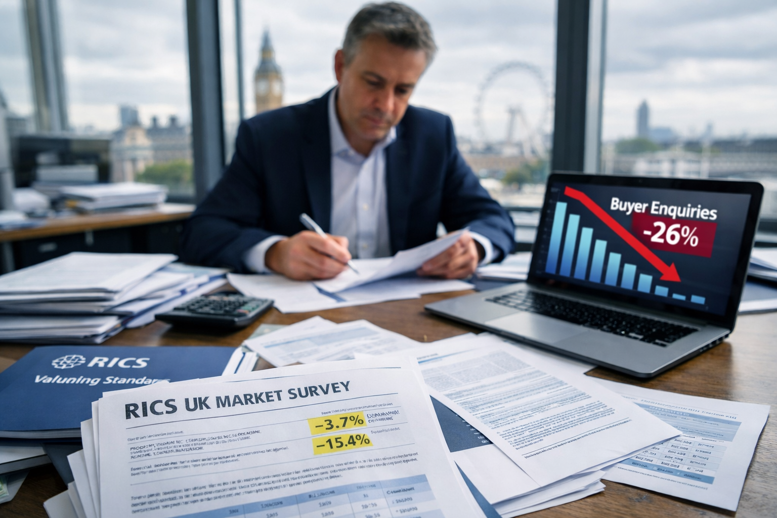Wide-angle editorial photograph of a professional building surveyor at a desk in a London office, surrounded by printed
