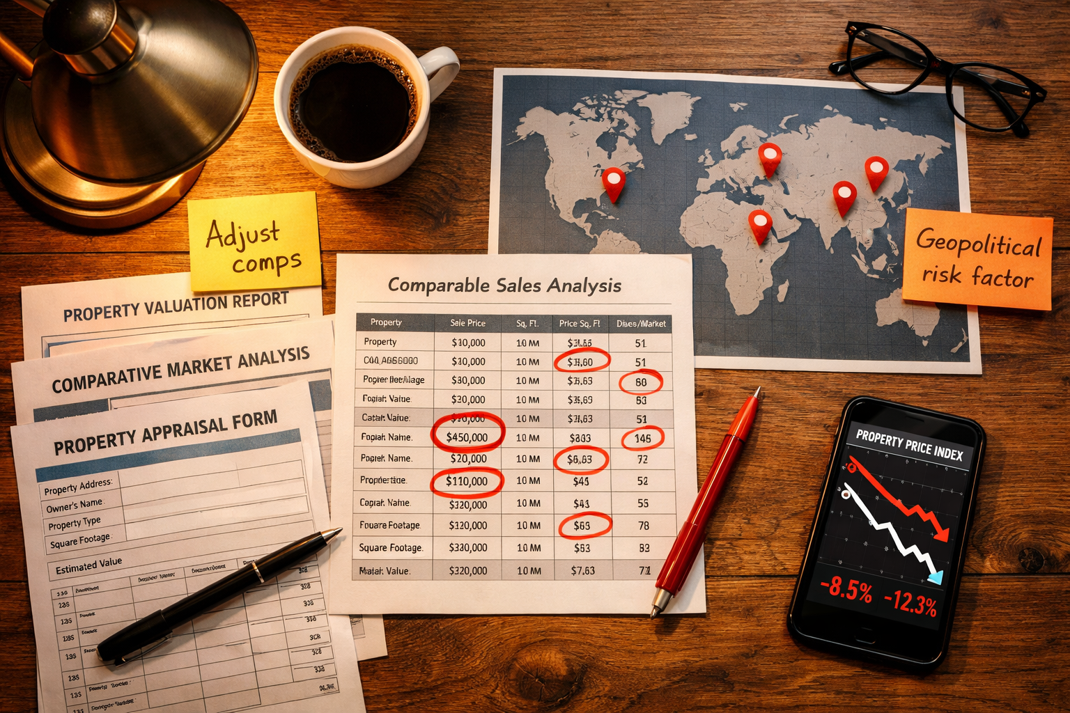 Overhead flat-lay shot of a large wooden desk showing multiple property valuation documents, a printed comparable sales