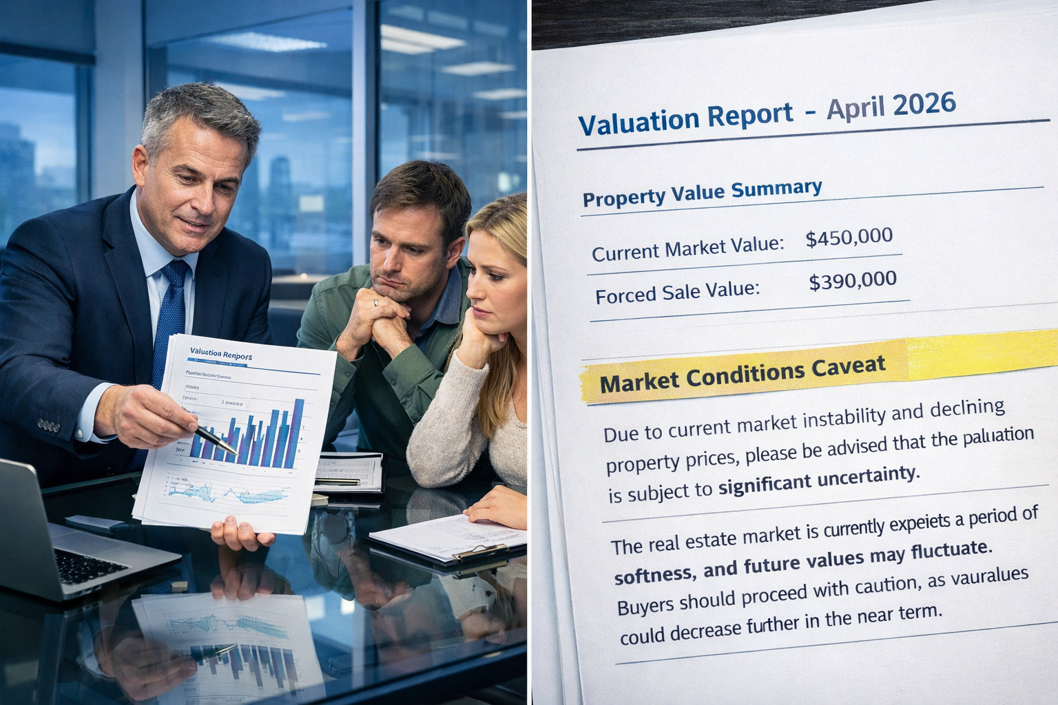 Split-scene editorial image: left side shows a confident chartered surveyor in a formal meeting room presenting a valuation
