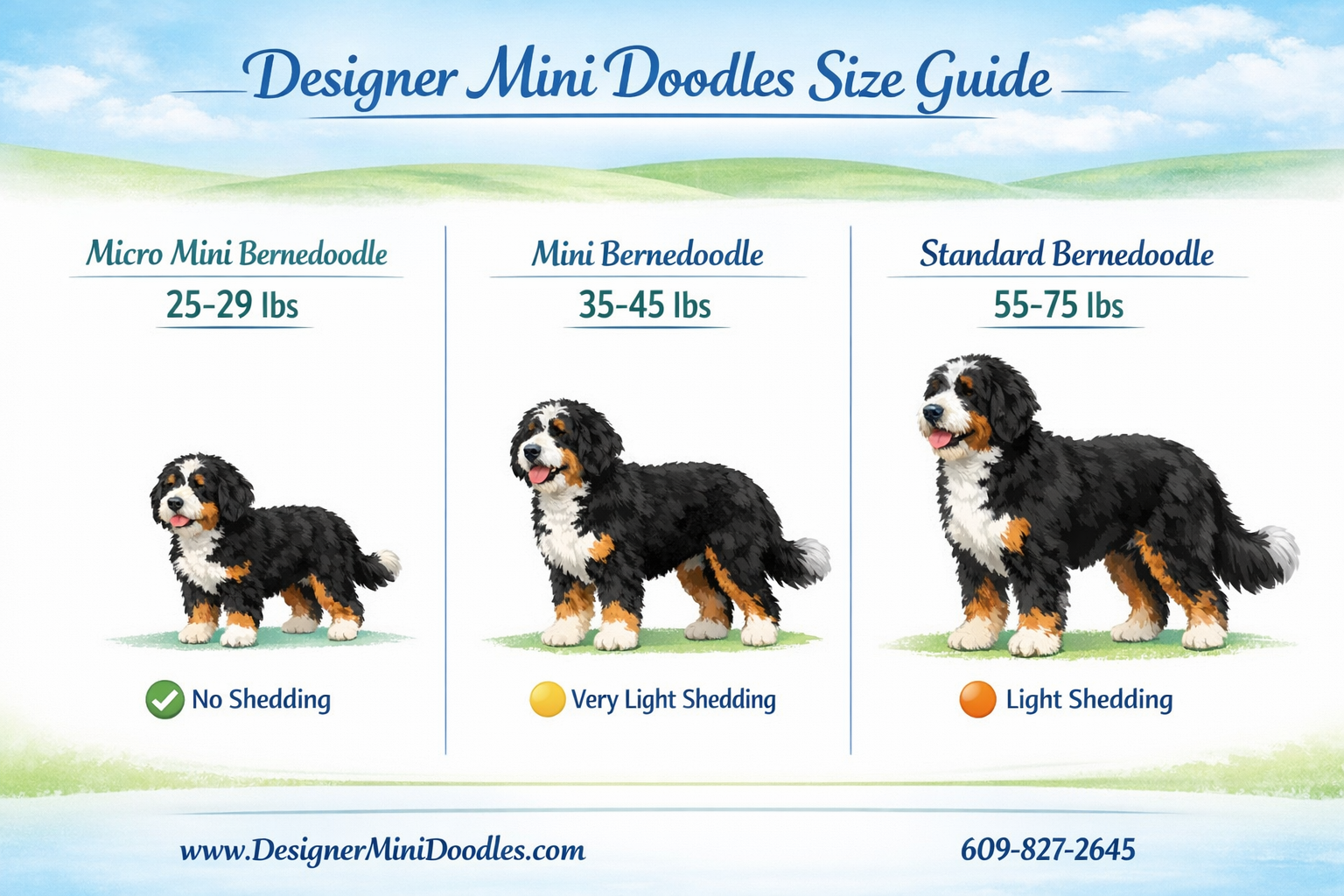 () detailed infographic-style image showing miniature bernedoodle size comparison chart with three columns: Micro Mini