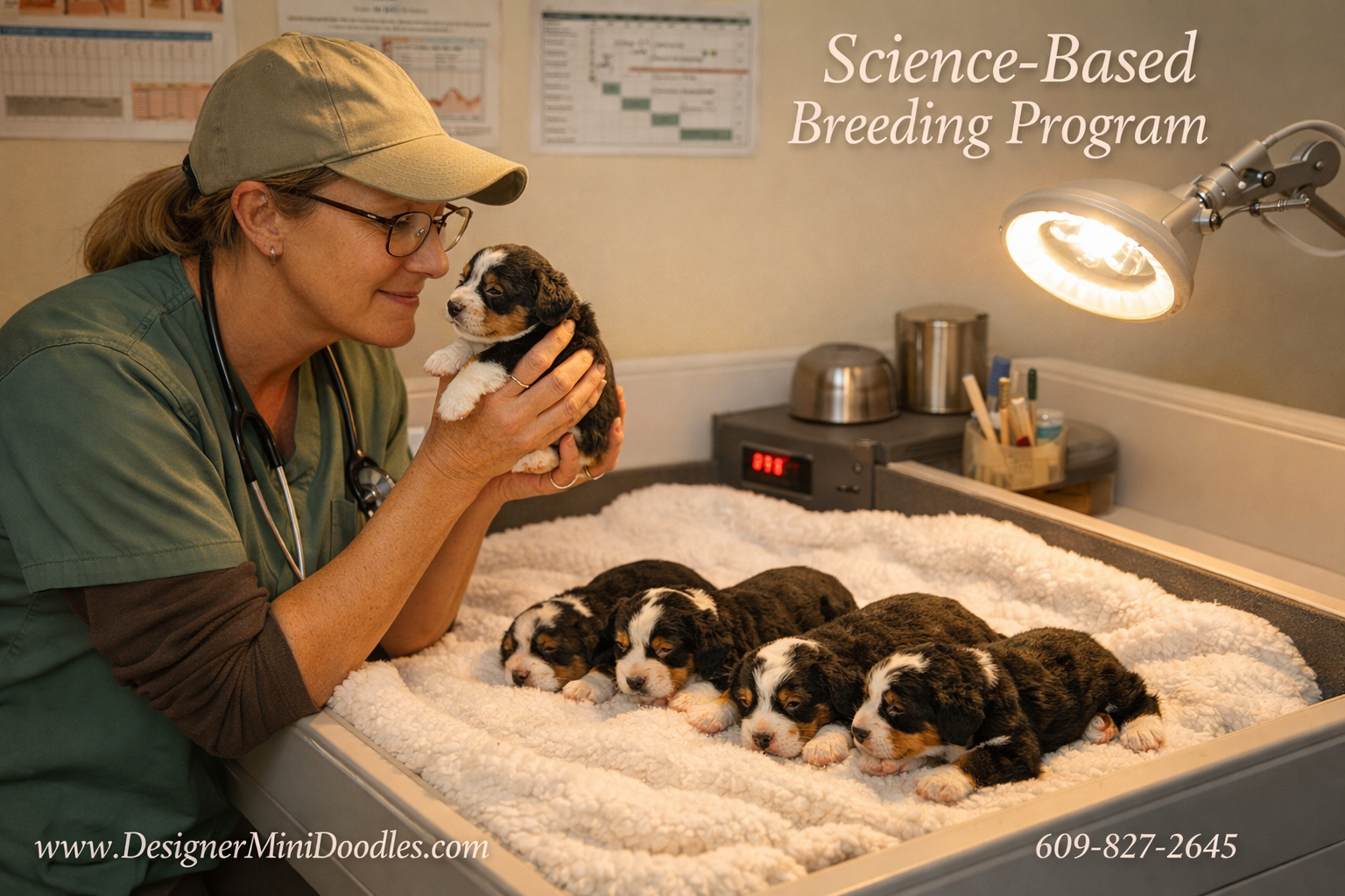 () warm photograph of a professional animal biologist in a clean modern whelping room examining a litter of tiny tri-color