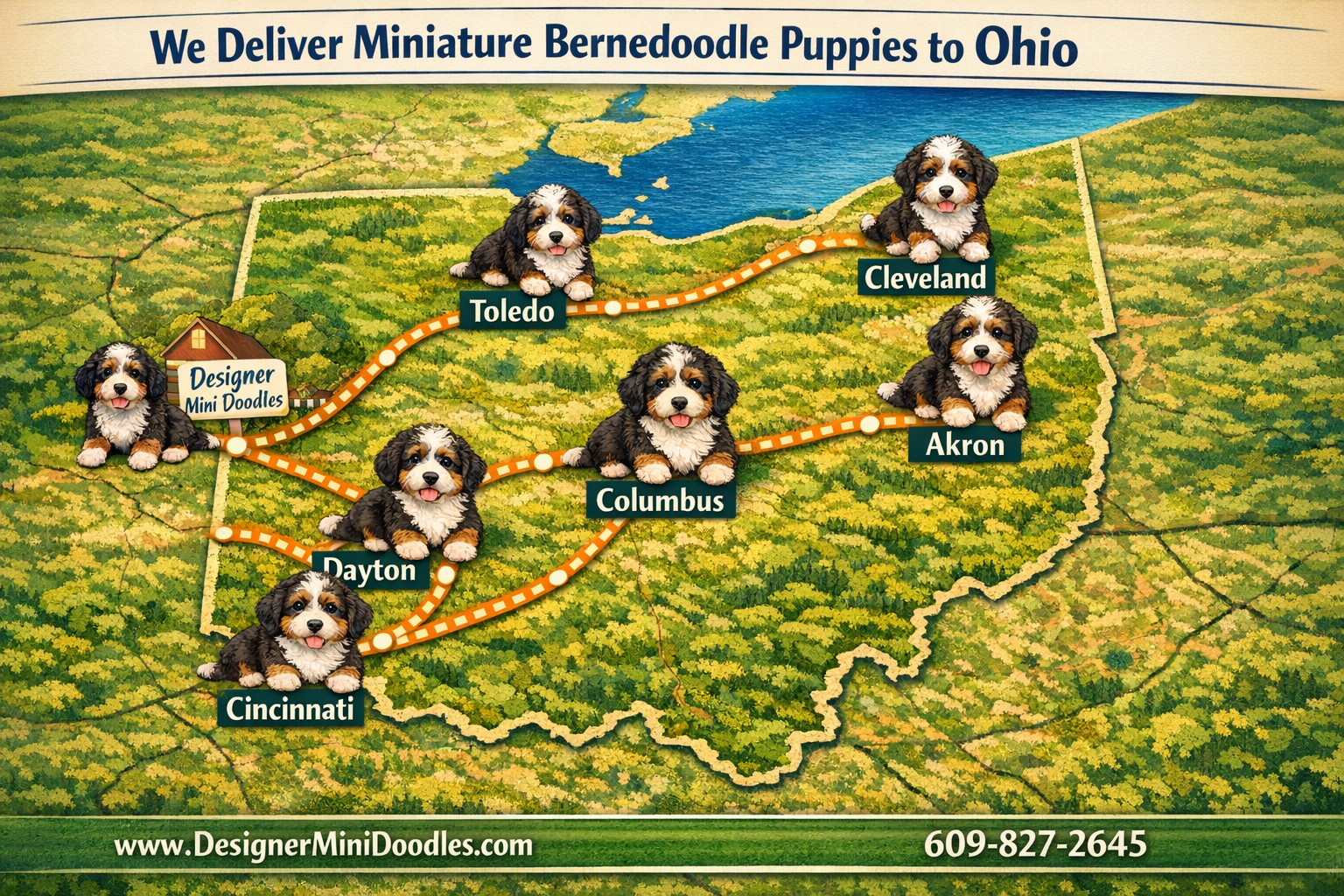 () aerial view photograph of Ohio state map with major cities marked including Columbus, Cleveland, Cincinnati, Toledo,
