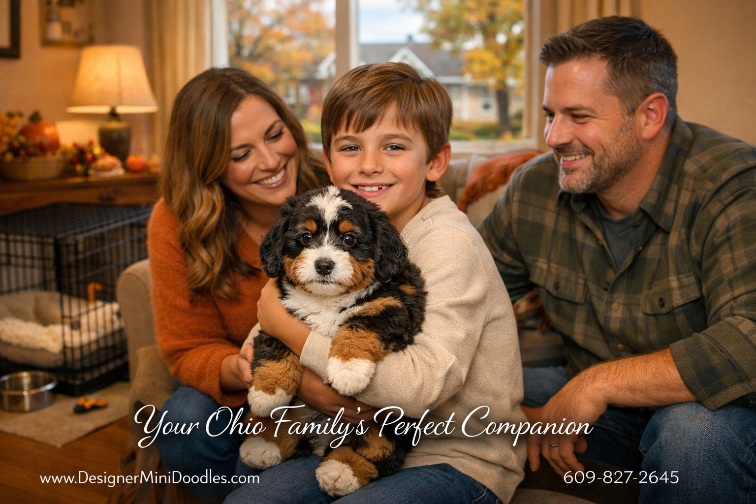 () heartwarming photograph of a happy family in a cozy Ohio living room with a miniature bernedoodle puppy being held by a