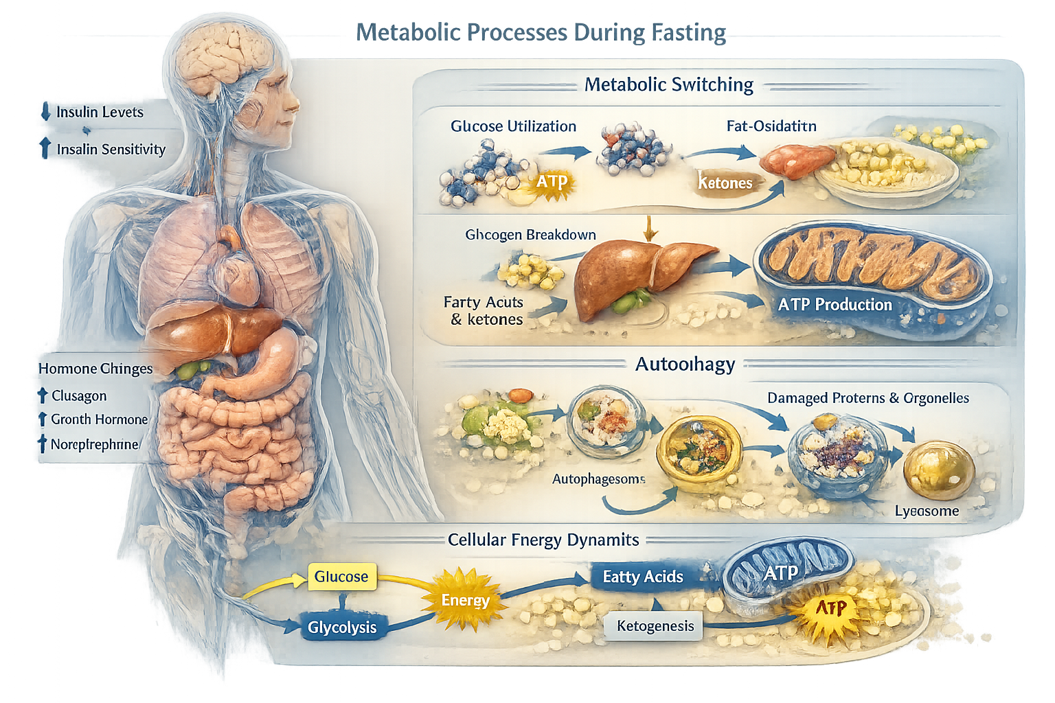 Scientific medical illustration visualizing human body metabolic processes during fasting, with transparent anatomical layers revealing cell