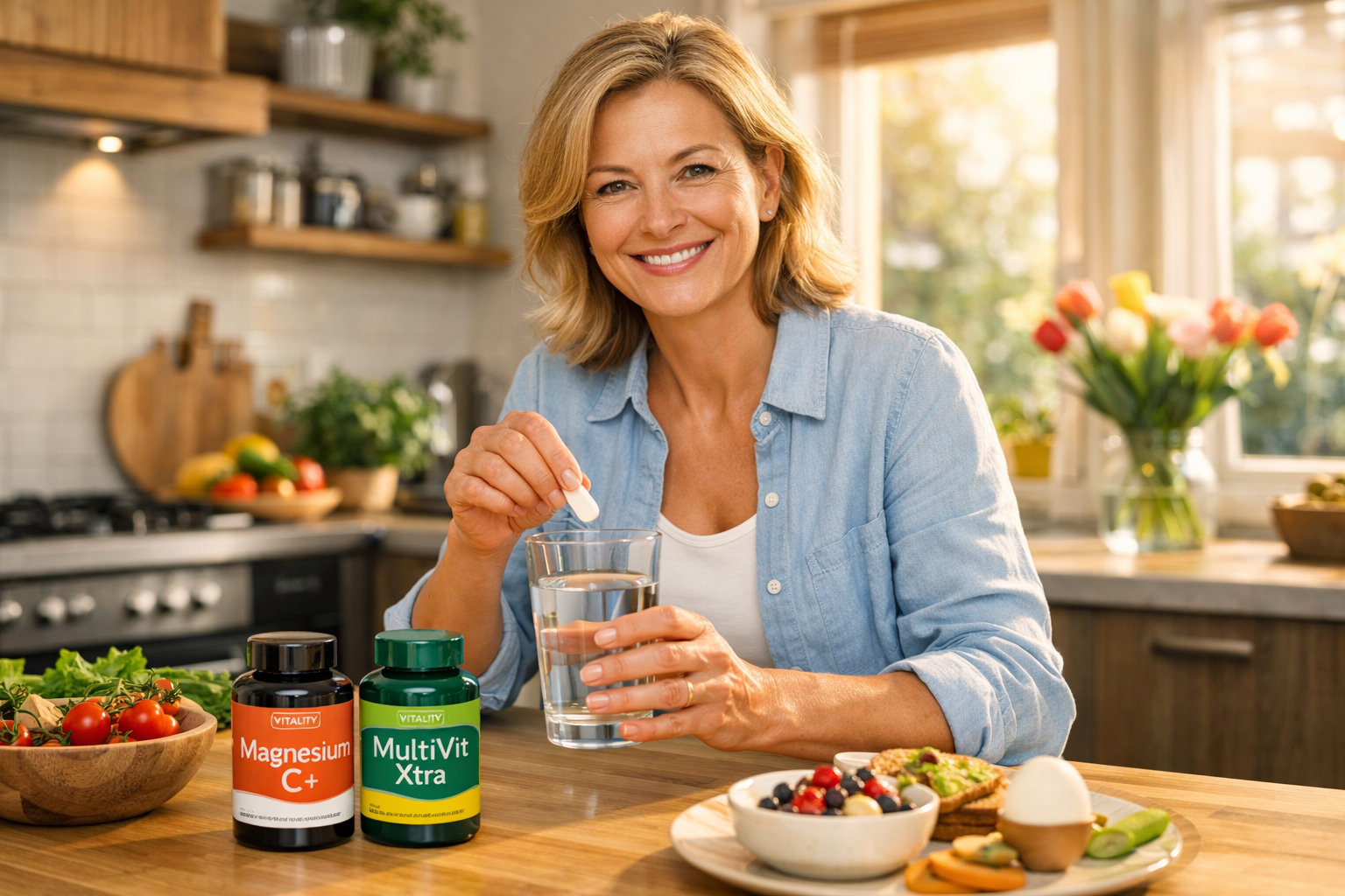 Professional lifestyle photograph showing active 50-year-old person in modern kitchen preparing morning supplements with water during eating