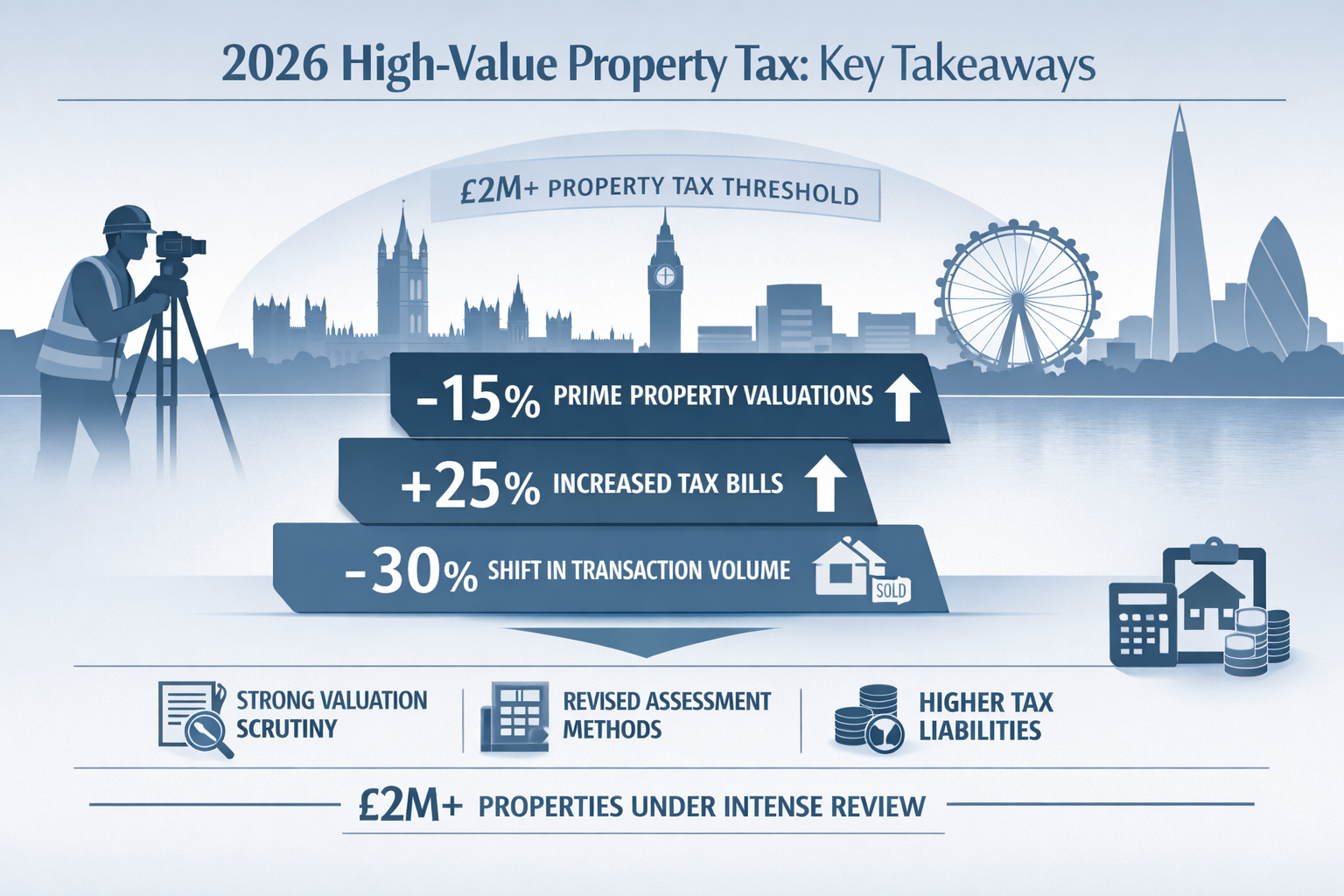 Professional editorial infographic illustrating 'Key Takeaways' for 2026 High-Value Property Tax landscape, featuring a