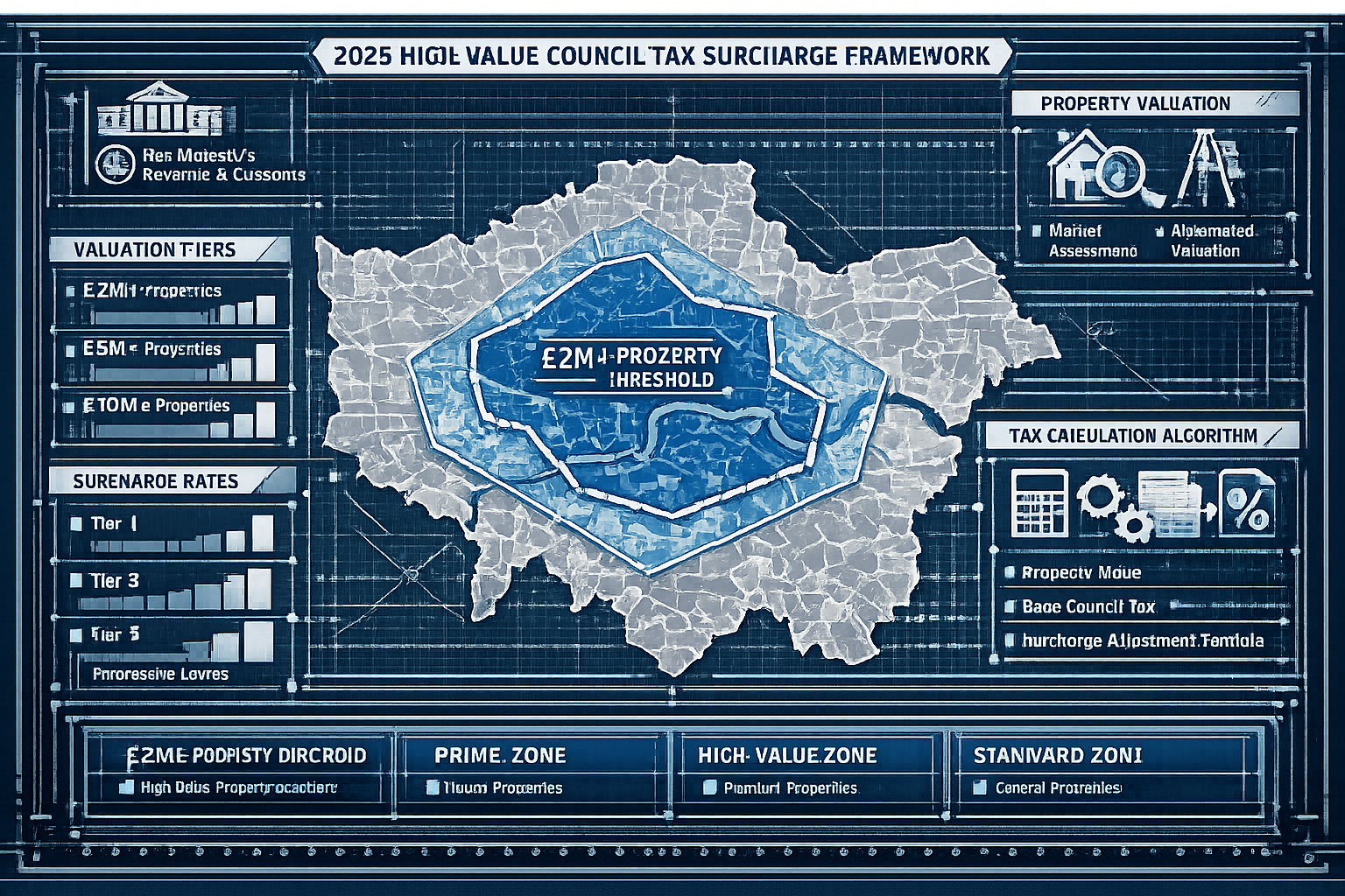 Technical architectural diagram mapping the 2026 High-Value Council Tax Surcharge Framework, featuring a stylized London map