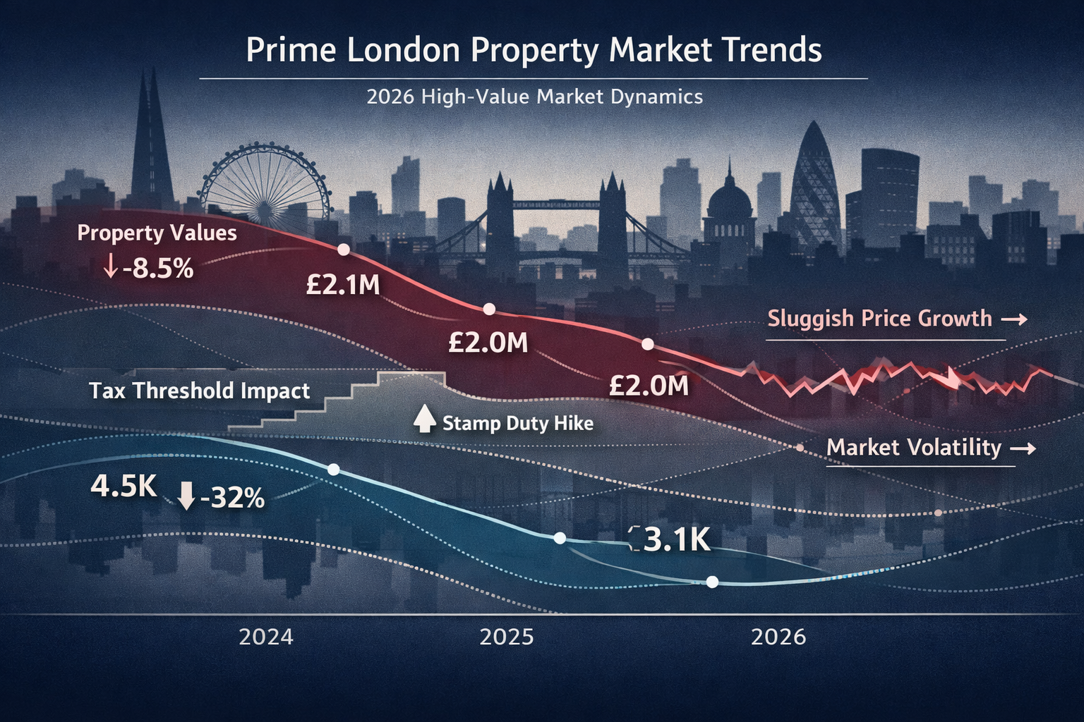 Dynamic market impact visualization showing transaction volume and price stagnation trends in Prime London property market.