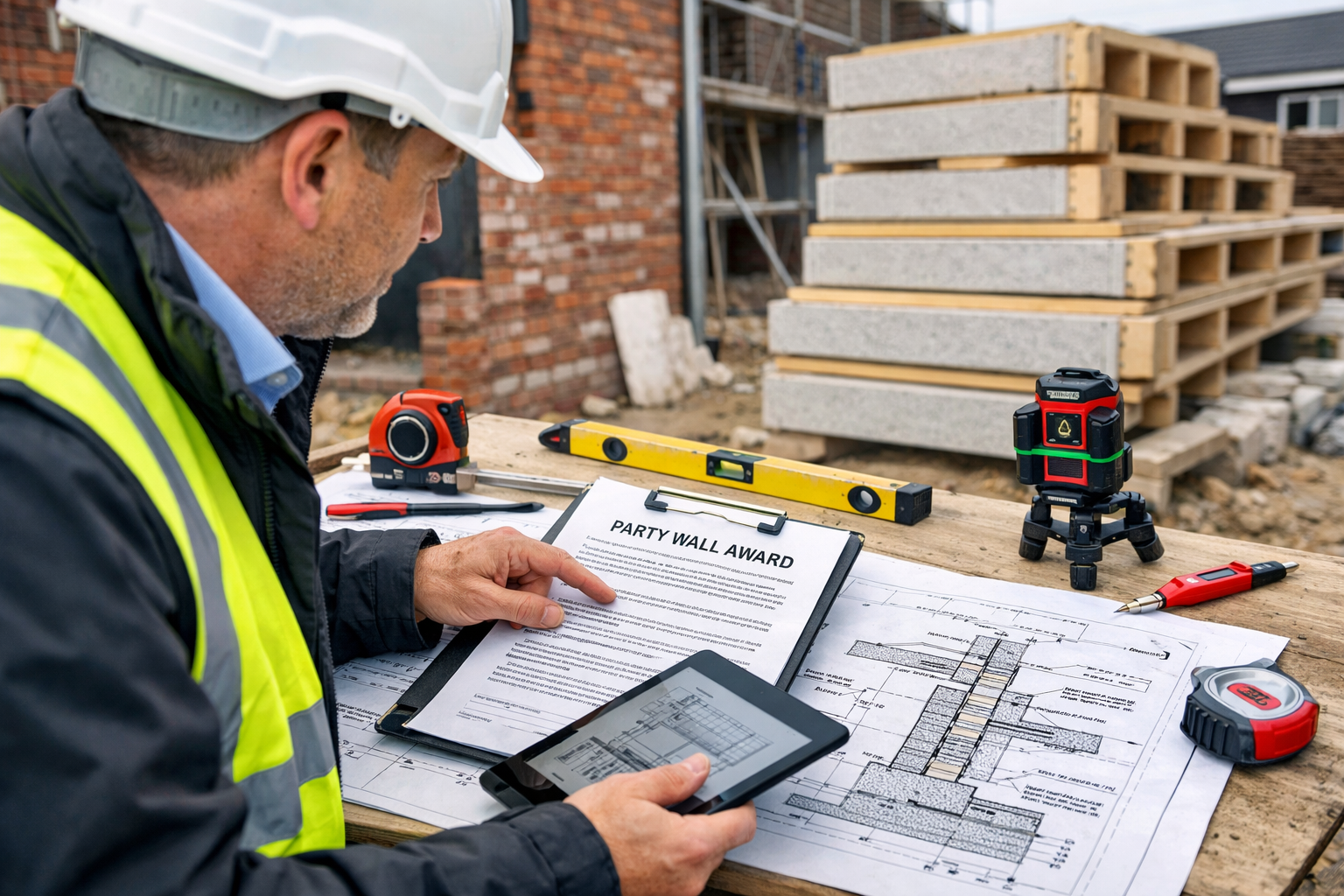 Detailed () image showing close-up of party wall surveyor in professional attire and safety gear examining technical