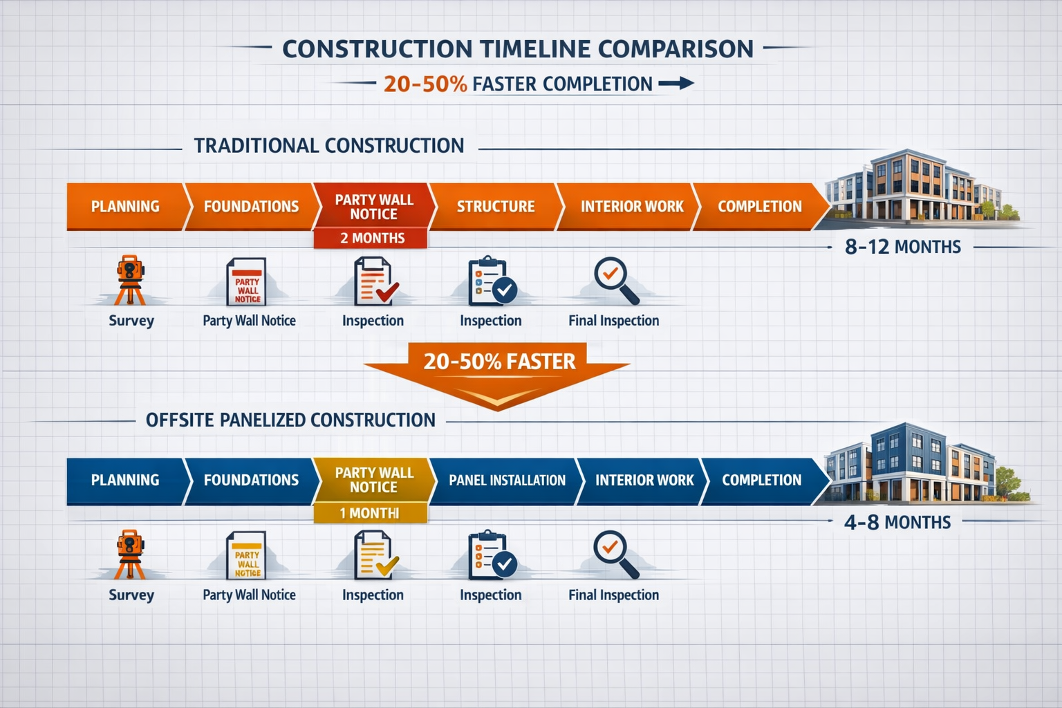 () technical infographic illustration displaying timeline comparison chart showing traditional construction methods versus