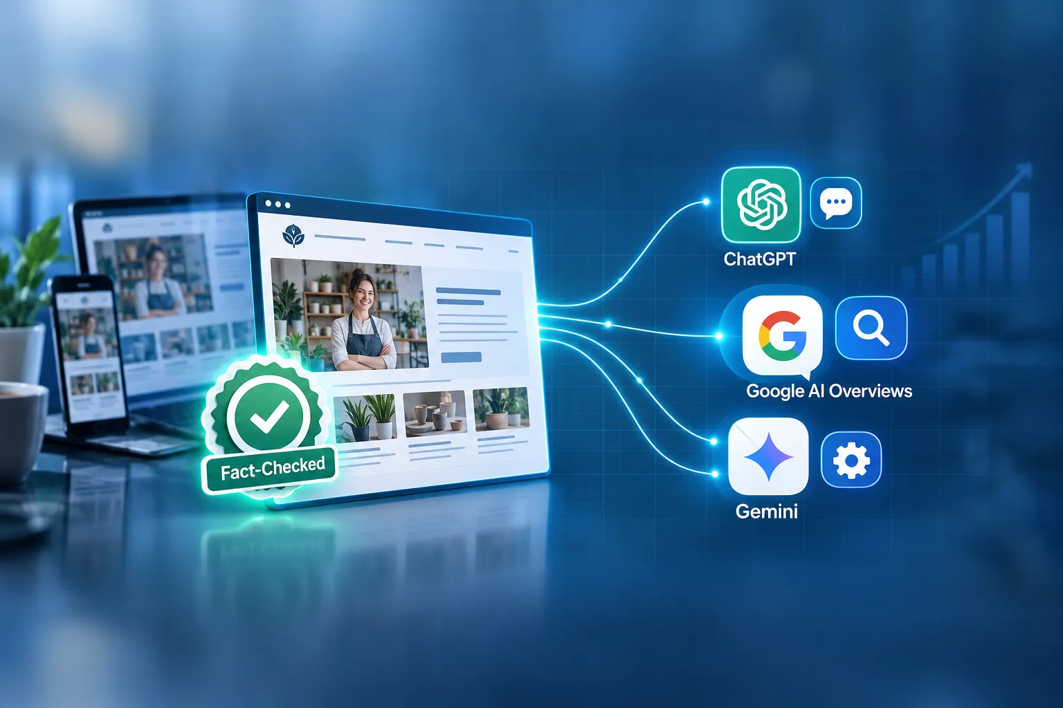 Wide professional hero image for an AI content optimization article: a modern split-screen composition showing a small