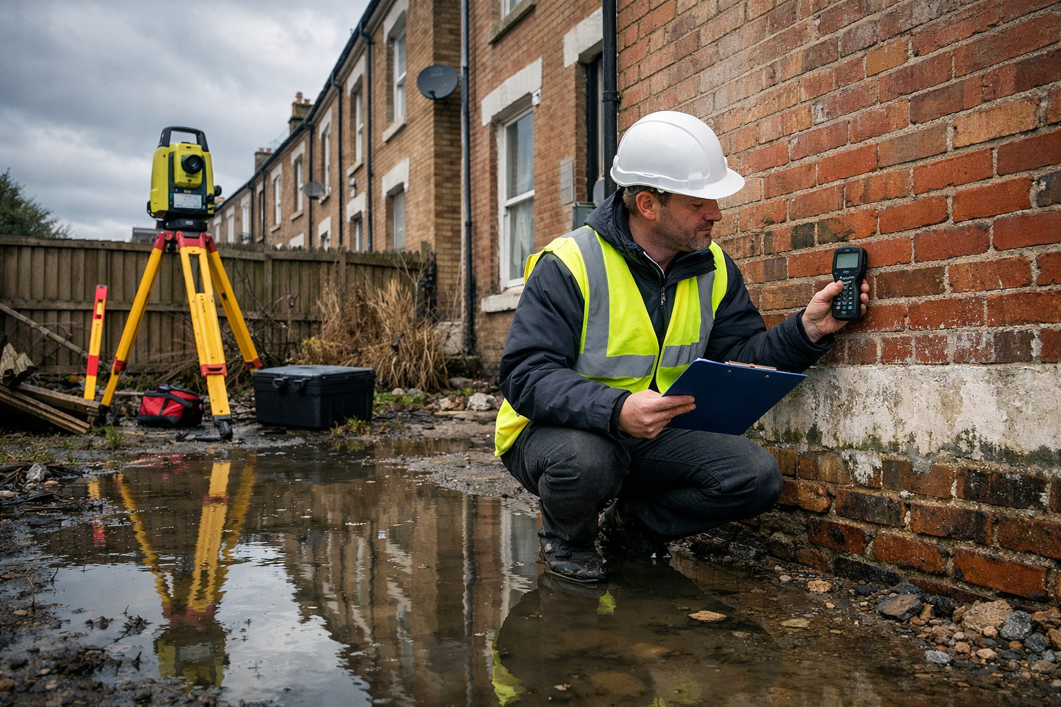Wide-angle ground-level photograph of a UK coastal property surveyor in high-visibility vest and hard hat using a moisture