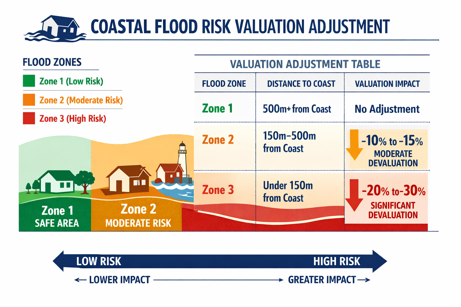 Detailed infographic-style illustration showing a UK coastal flood risk valuation adjustment table with percentage