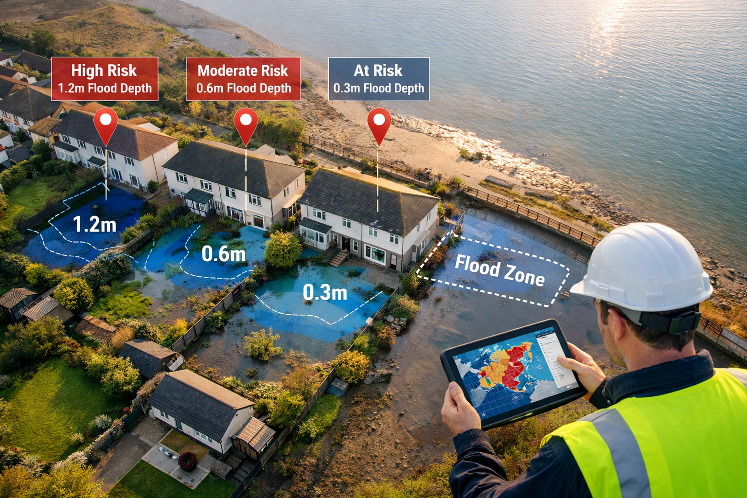 Aerial drone photograph looking down at a row of coastal UK properties with survey markers and flood depth indicators