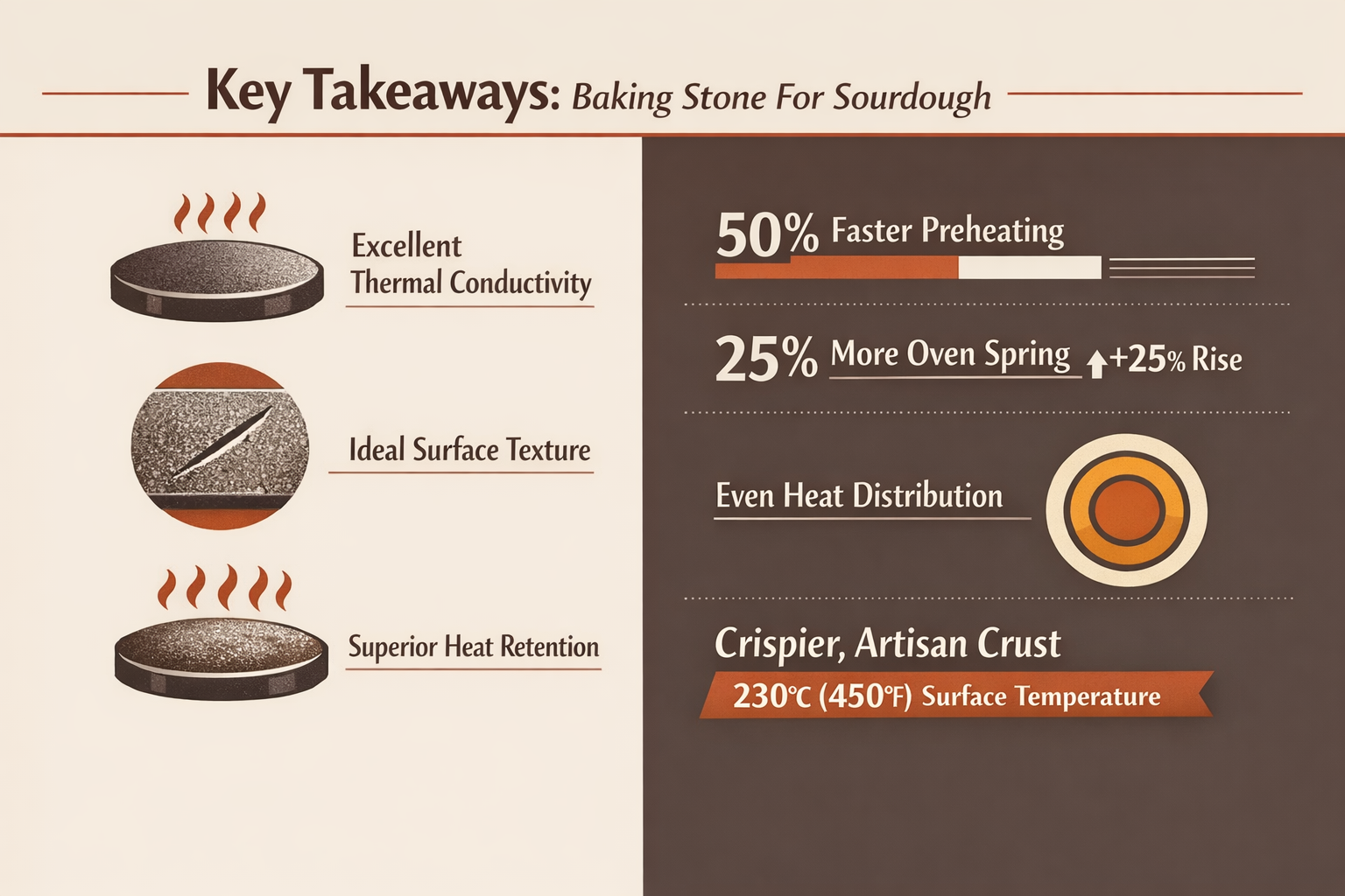 Key Takeaways section infographic: Split-screen editorial layout showcasing four essential insights about Baking Stone For Sourdough. Left s