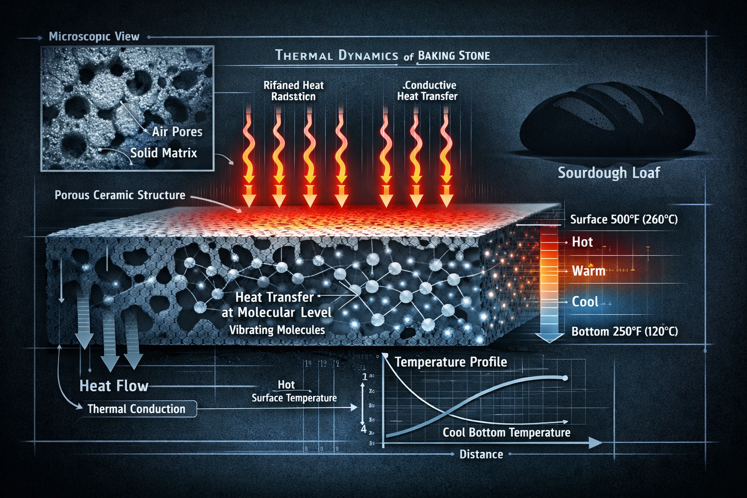 Understanding the Science section: Cross-sectional scientific illustration demonstrating thermal dynamics of baking stone, revealing molecul