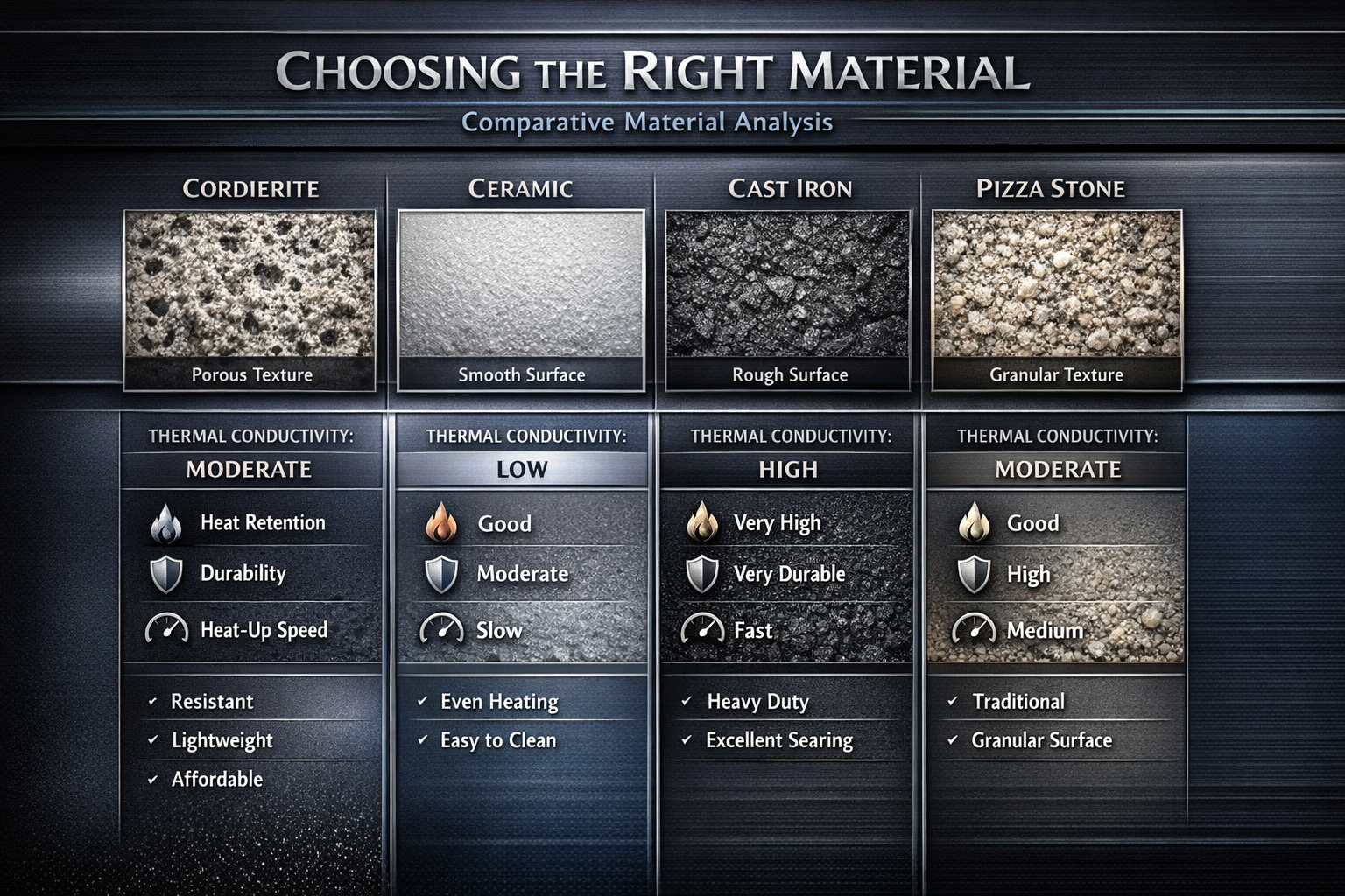 Choosing the Right Material section: Comparative material analysis visual featuring multiple baking stone types (cordierite, ceramic, cast i