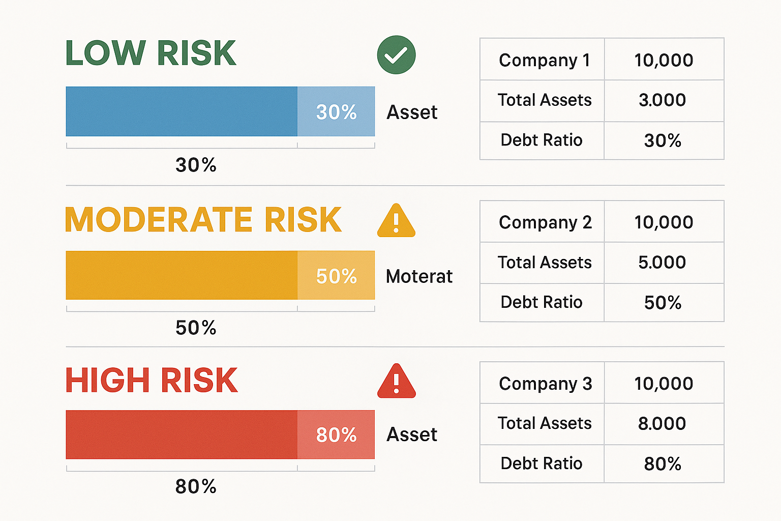 Comprehensive landscape comparison chart (1536x1024) displaying three company examples with different debt ratio scenarios. Top section labe
