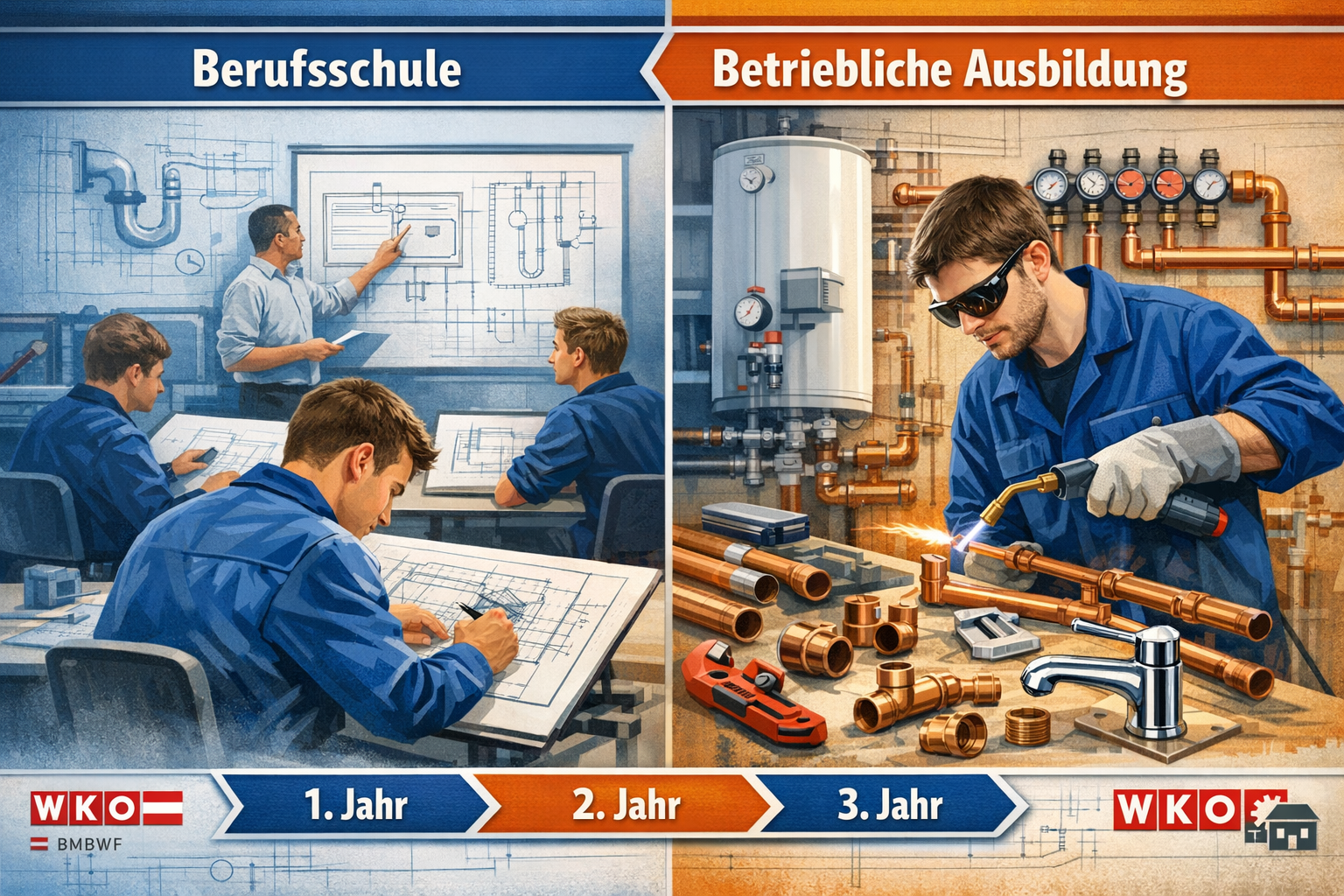 no text on the images. Landscape format (1536x1024) image showing detailed comparison infographic of Austrian apprenticeship system for plum