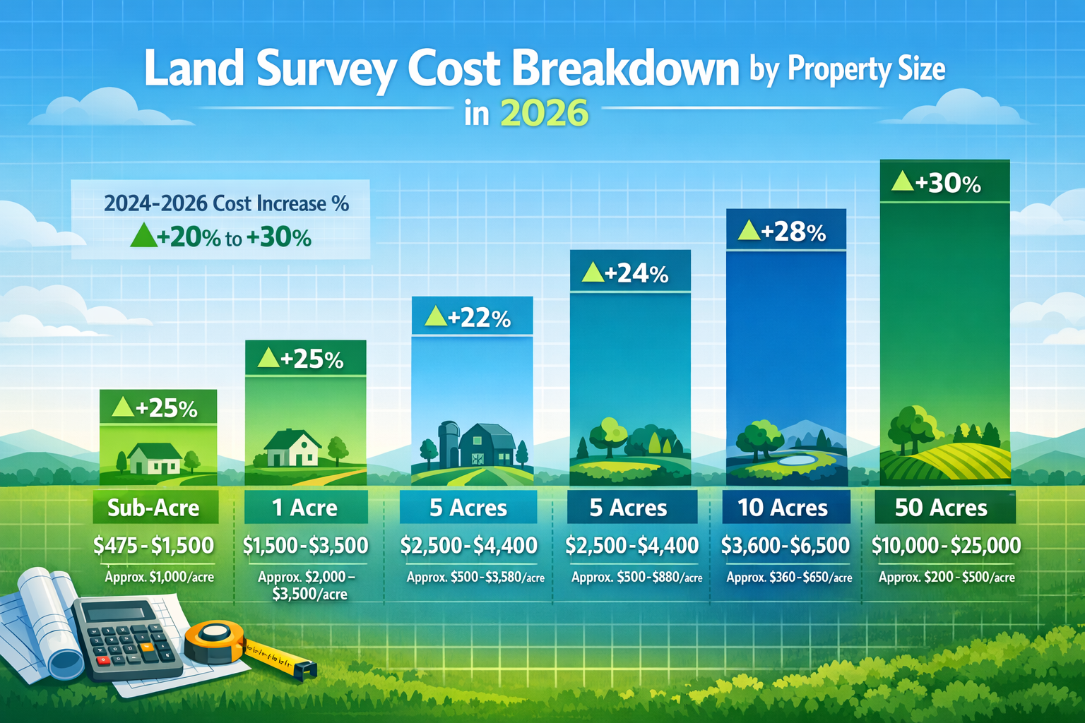 Detailed landscape format (1536x1024) infographic showing land survey cost breakdown by property size in 2026, featuring illustrated bar cha