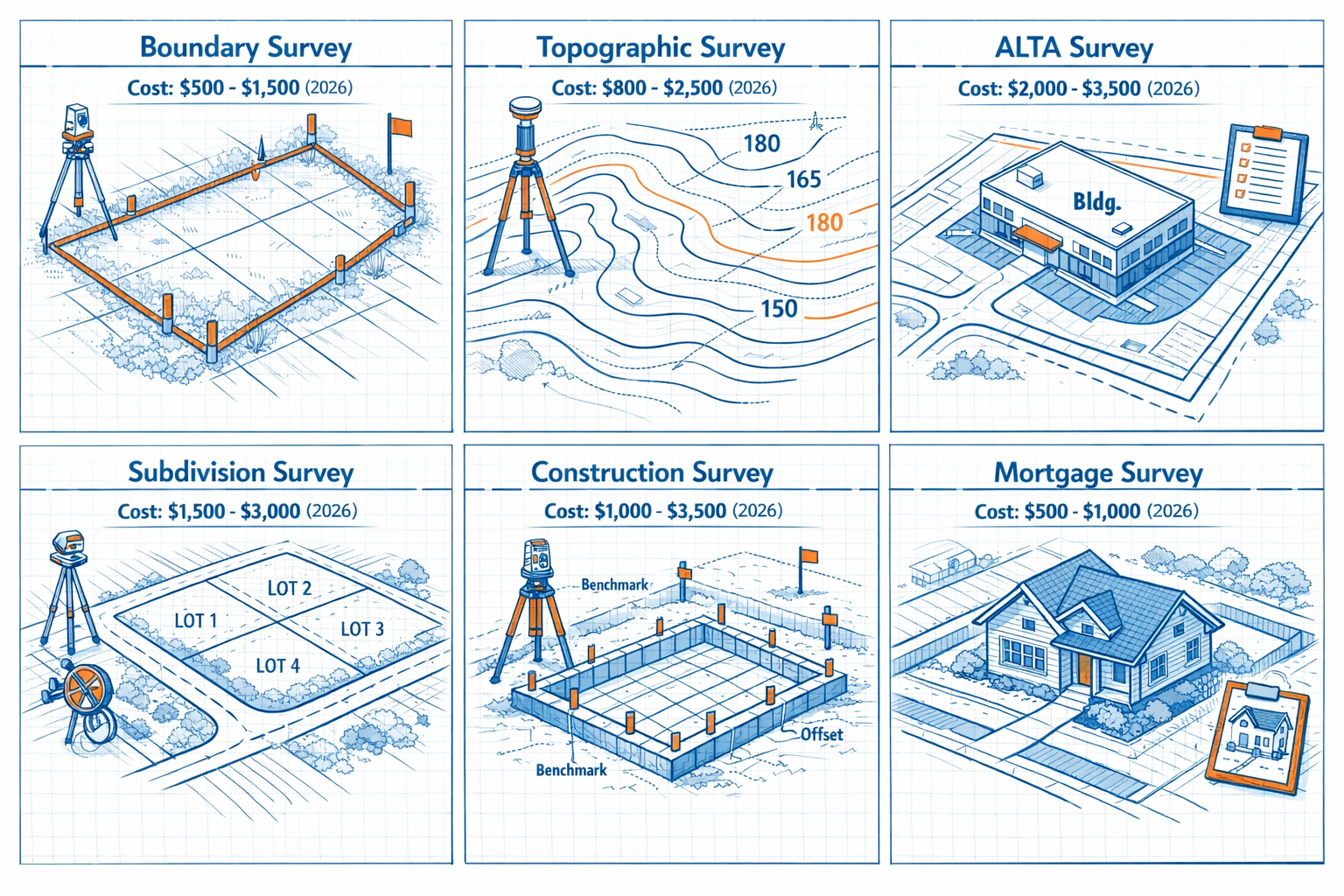 Detailed landscape format (1536x1024) illustration showing six different types of land surveys with split-panel design. Panels include bound