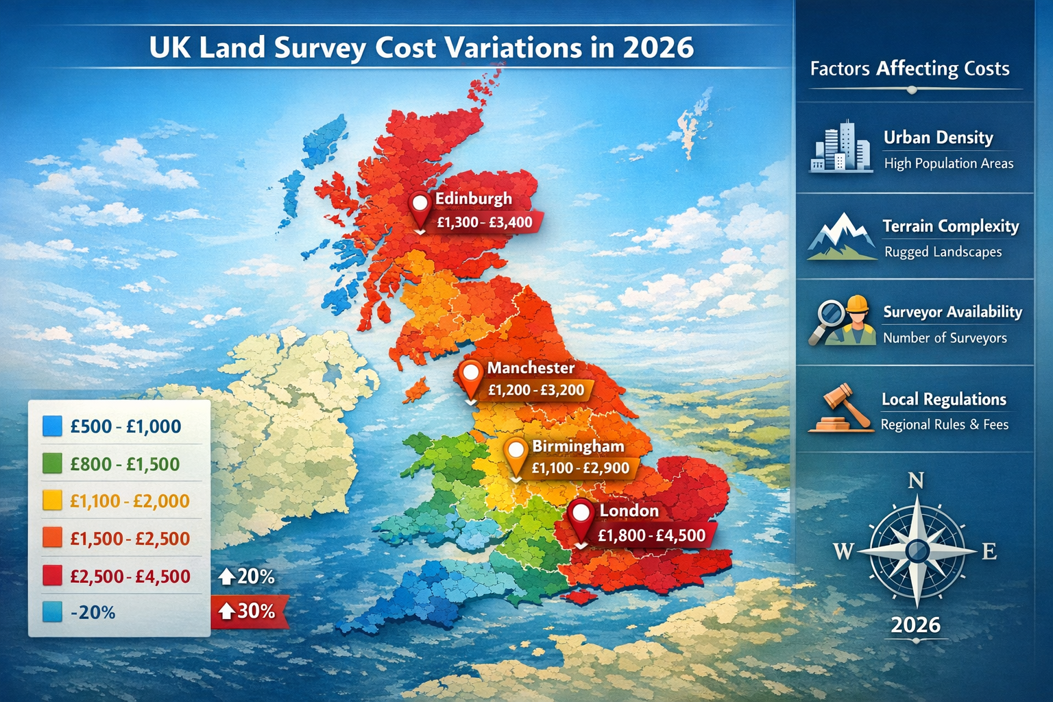 Detailed landscape format (1536x1024) map of United Kingdom showing regional land survey cost variations in 2026, with color-coded regions i