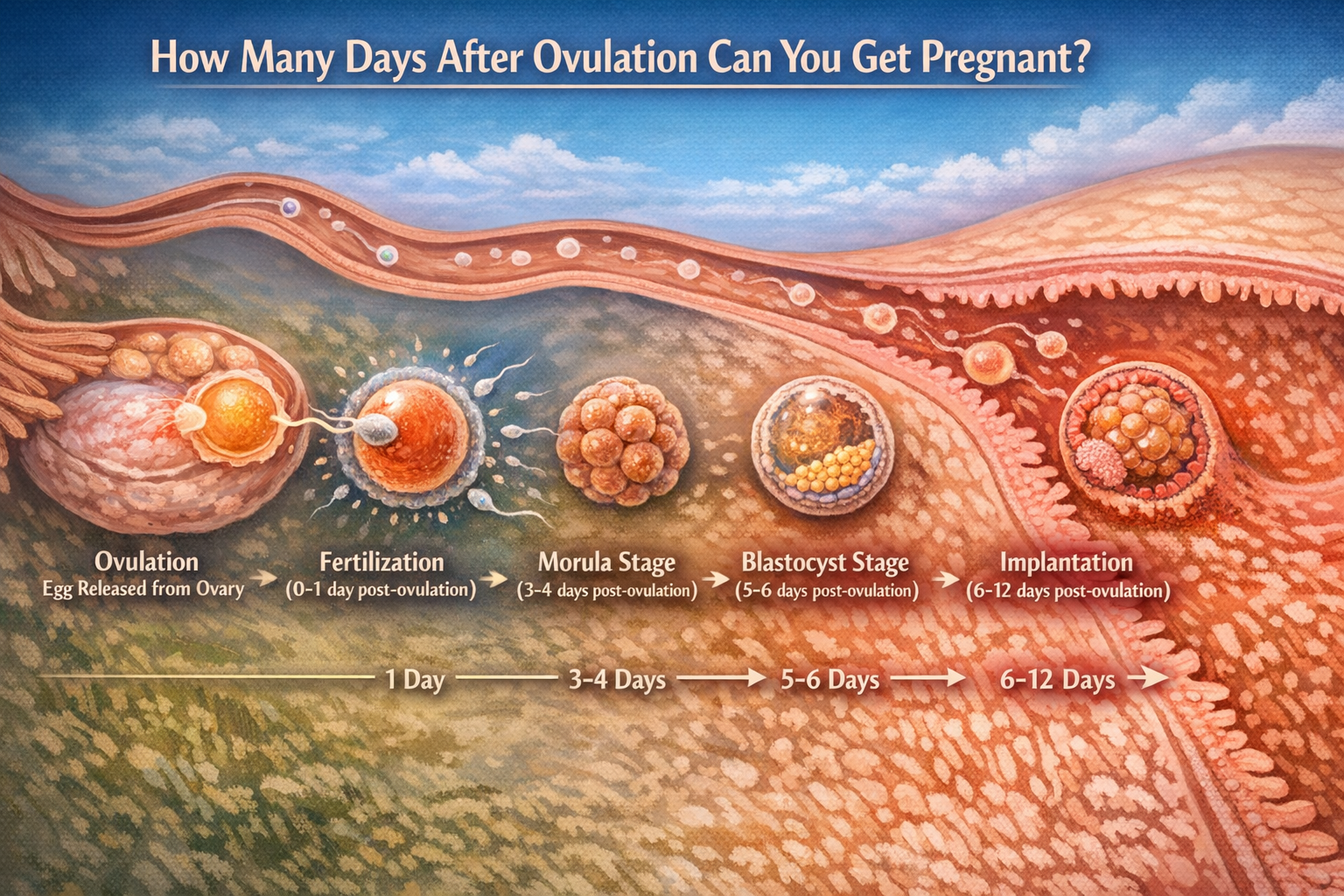 A timeline-style landscape image () detailing the journey from ovulation to implantation. Visual elements should include an