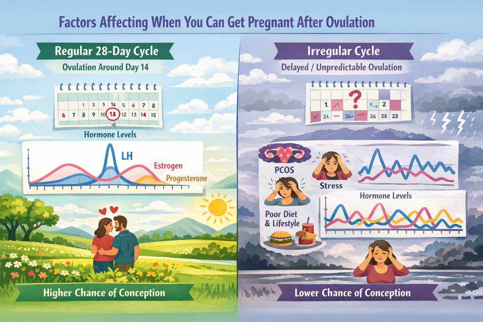 A diagrammatic landscape image () contrasting typical vs. irregular ovulation patterns. One side shows a regular 28-day