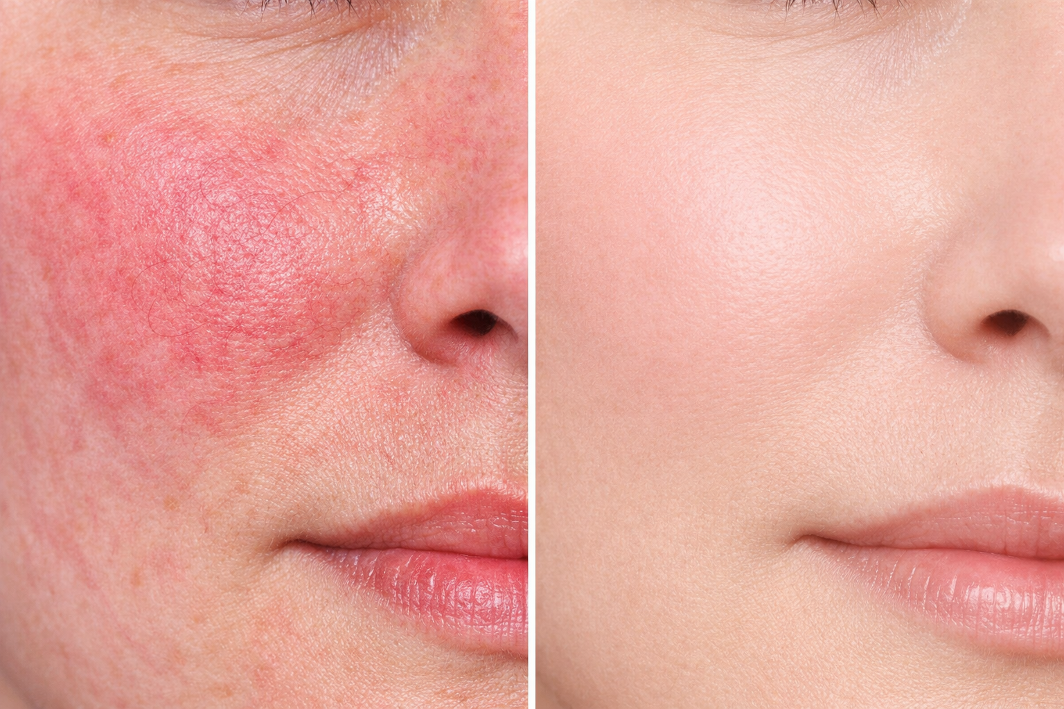 Detailed () image showing a side-by-side split composition: left side close-up of facial skin with visible rosacea redness,