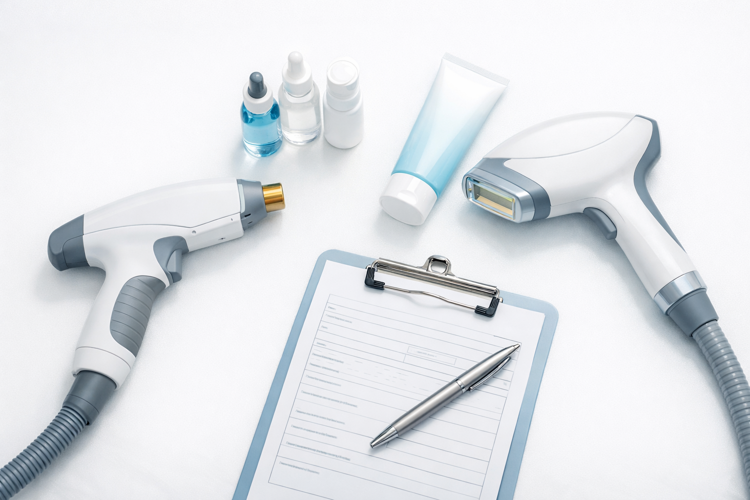 Detailed () image showing a top-down flat lay of a modern medical spa treatment consultation table. Items arranged include a