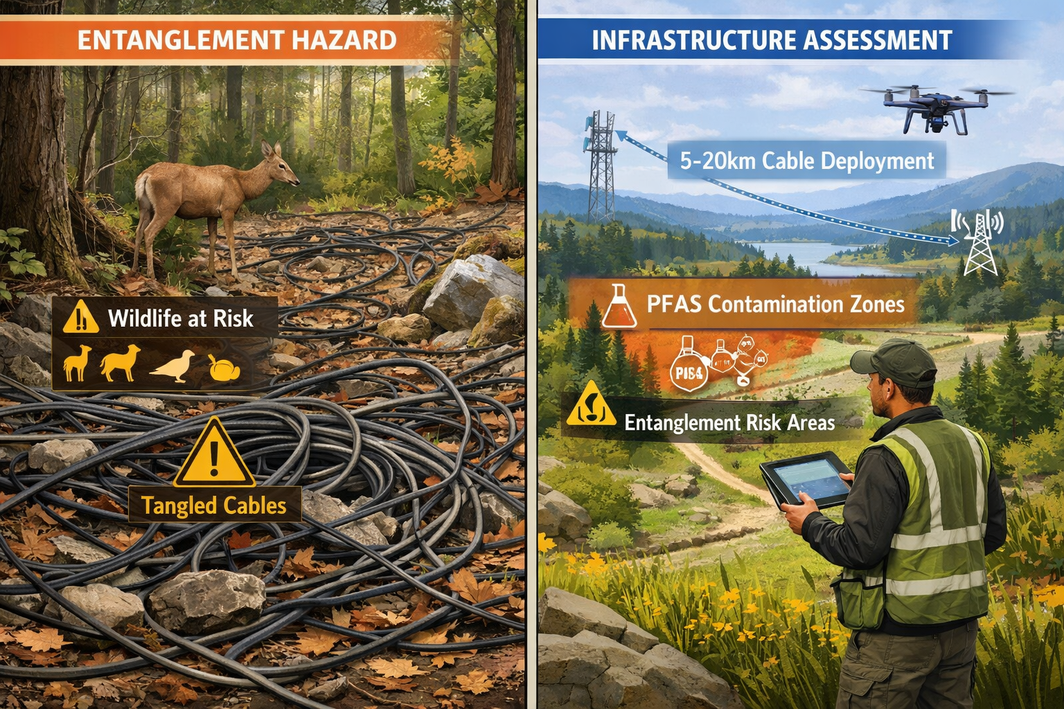 Detailed landscape format (1536x1024) image showing split-screen comparison: left side displays tangled fibre optic cables across woodland f