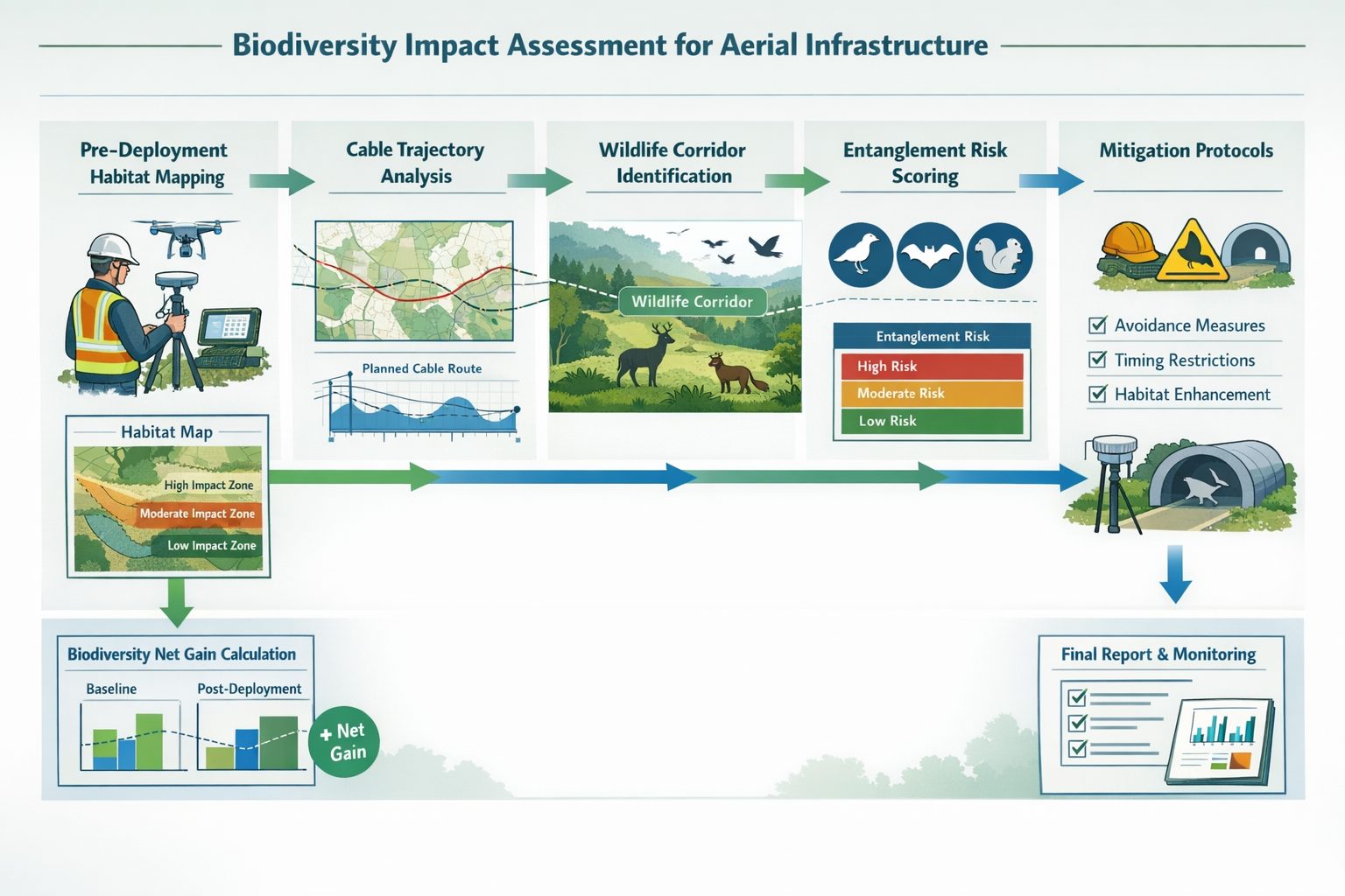 Detailed landscape format (1536x1024) technical illustration showing biodiversity impact assessment workflow for aerial infrastructure: flow