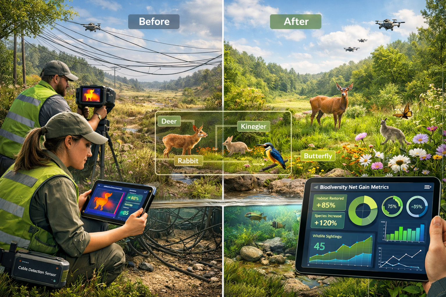 Detailed landscape format (1536x1024) conceptual image depicting future biodiversity monitoring integration: surveyor team in field using ad